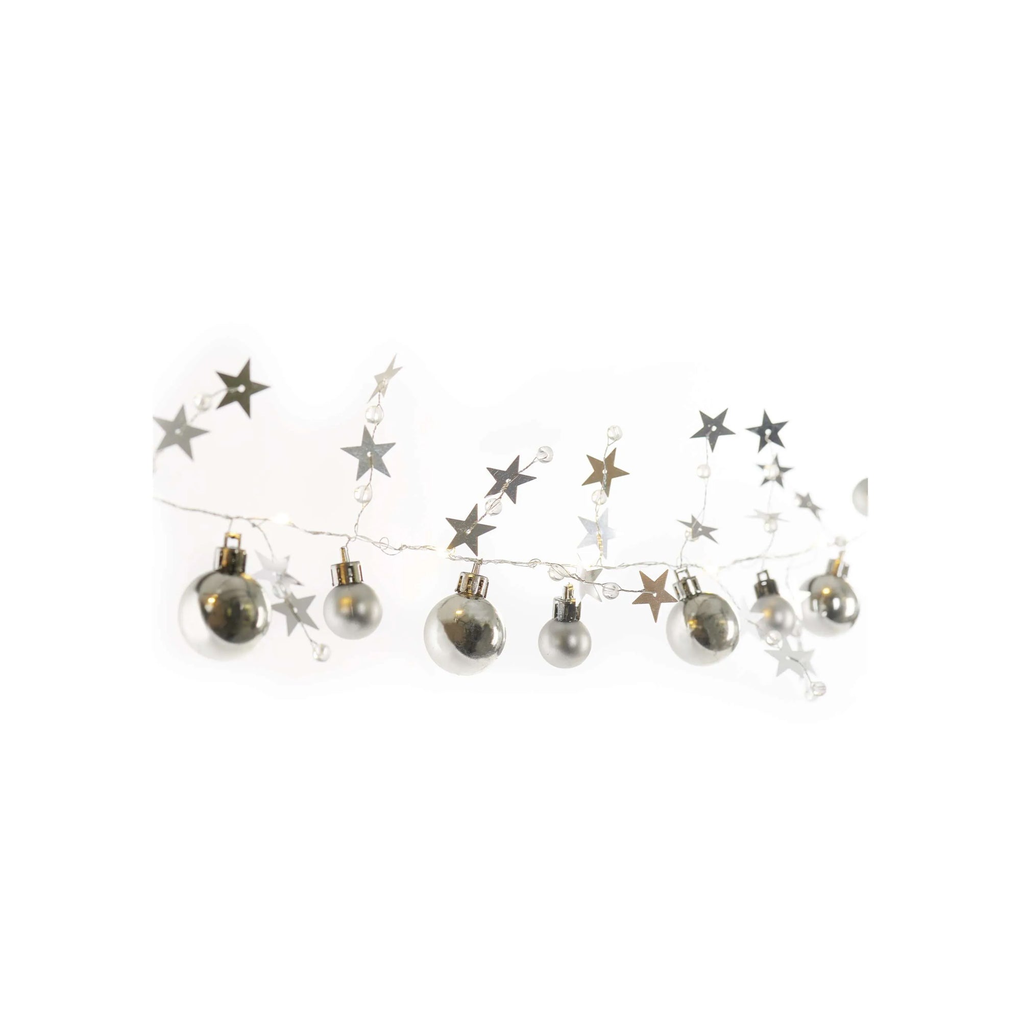 LED Christmas garland, silver balls with stars, indoor, warm white, timer, 2xAA, 1.9m