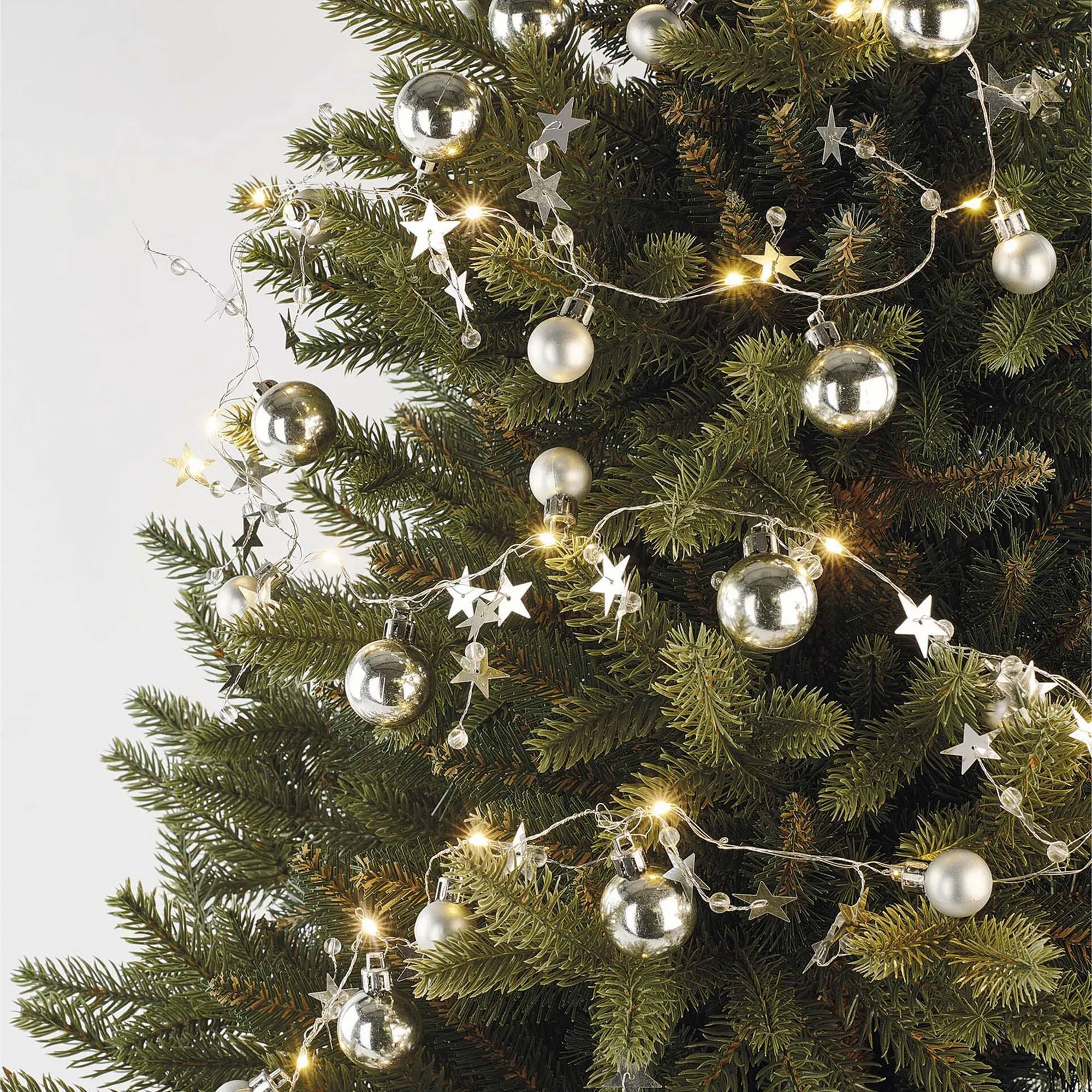 LED Christmas garland, silver balls with stars, indoor, warm white, timer, 2xAA, 1.9m