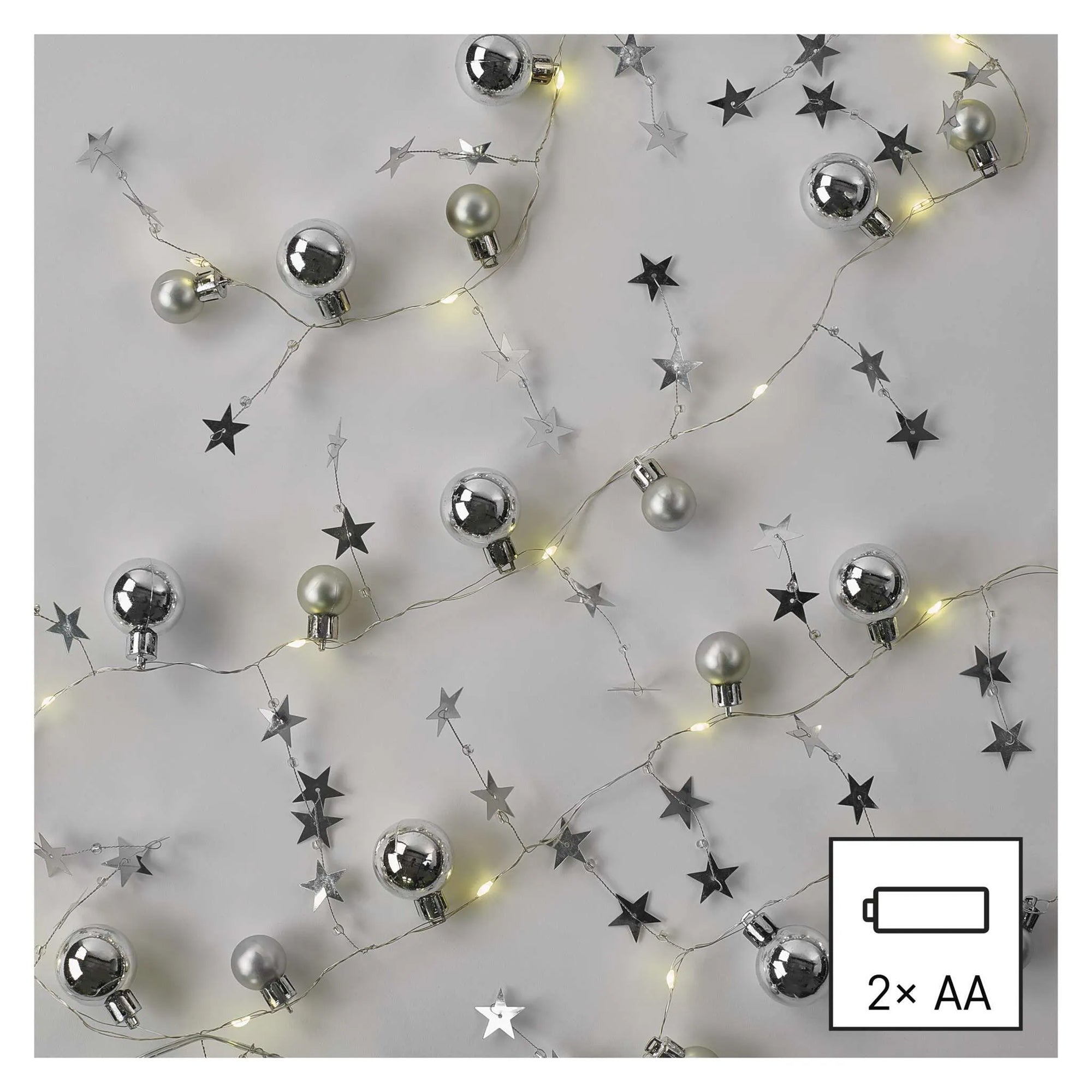 LED Christmas garland, silver balls with stars, indoor, warm white, timer, 2xAA, 1.9m