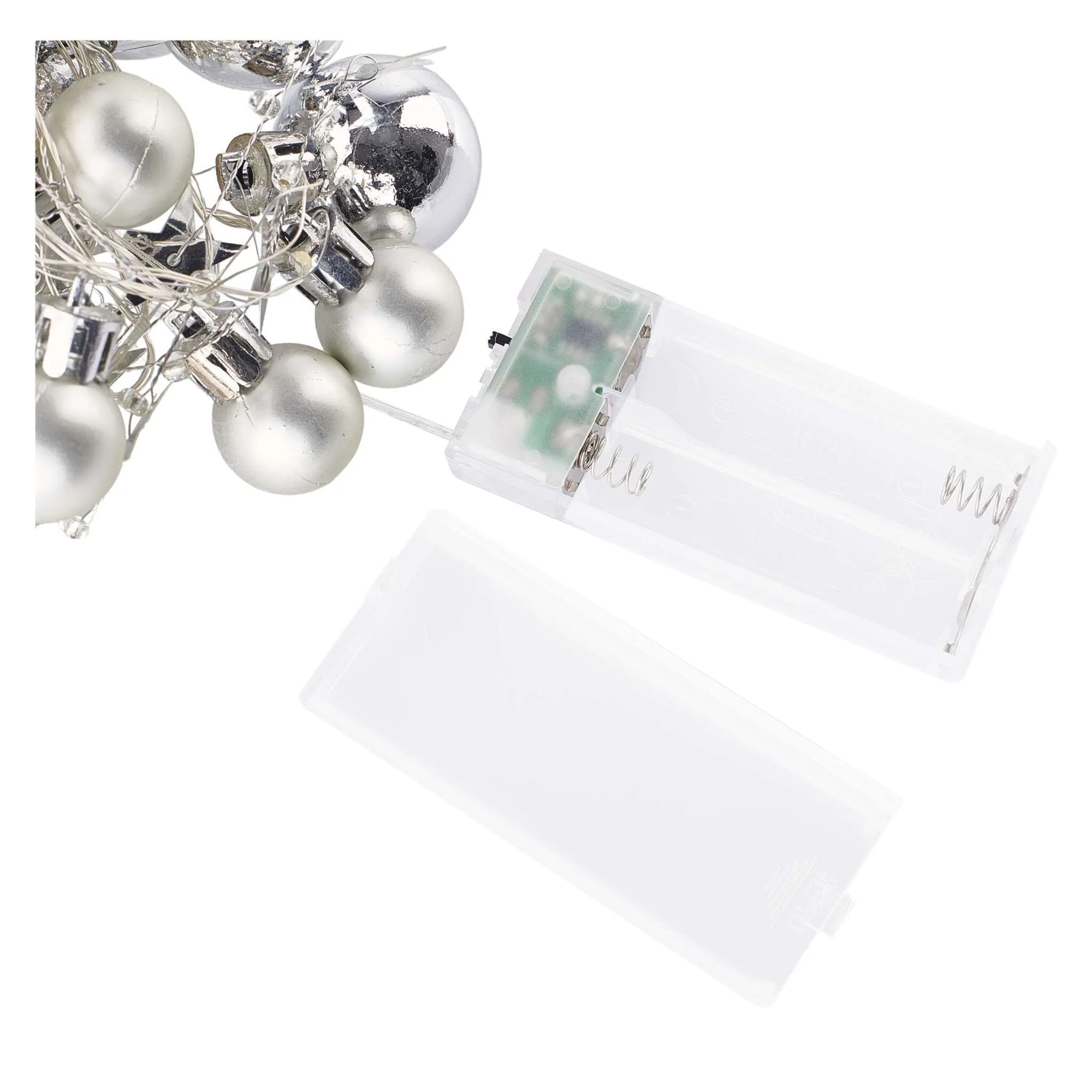 LED Christmas garland, silver balls with stars, indoor, warm white, timer, 2xAA, 1.9m