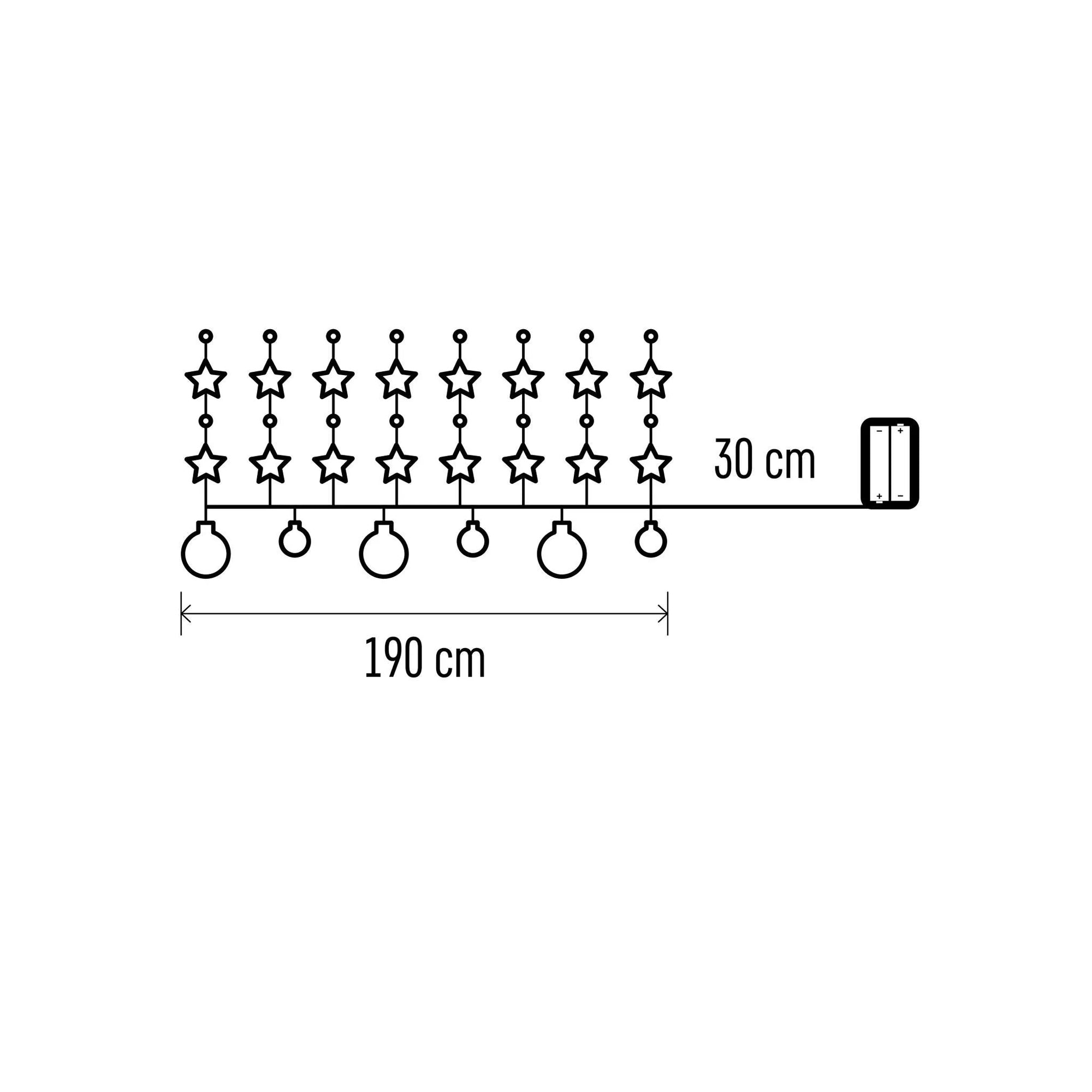 LED Christmas garland, silver balls with stars, indoor, warm white, timer, 2xAA, 1.9m