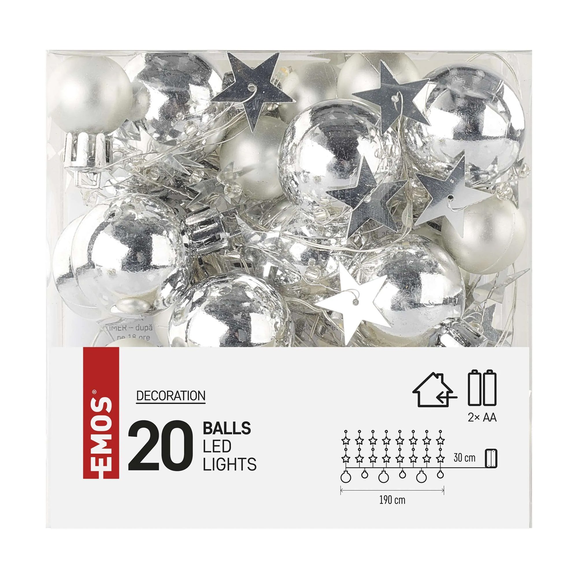 LED Christmas garland, silver balls with stars, indoor, warm white, timer, 2xAA, 1.9m