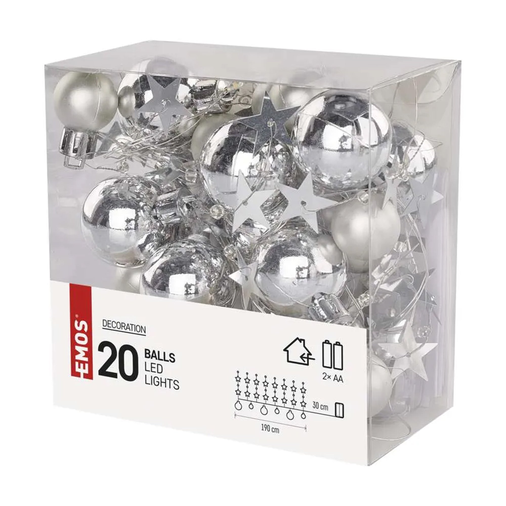 LED Christmas garland, silver balls with stars, indoor, warm white, timer, 2xAA, 1.9m