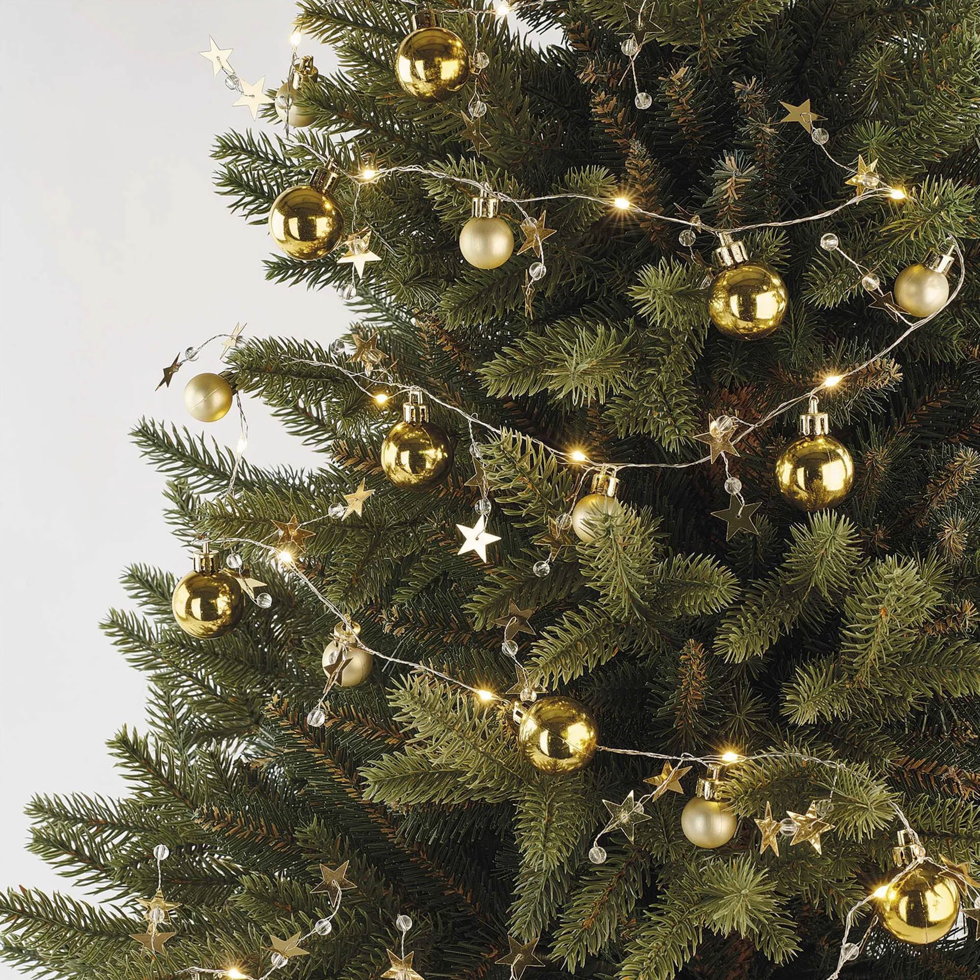 LED Christmas garland, gold balls with stars, indoor, warm white, timer, 2xAA, 1.9m