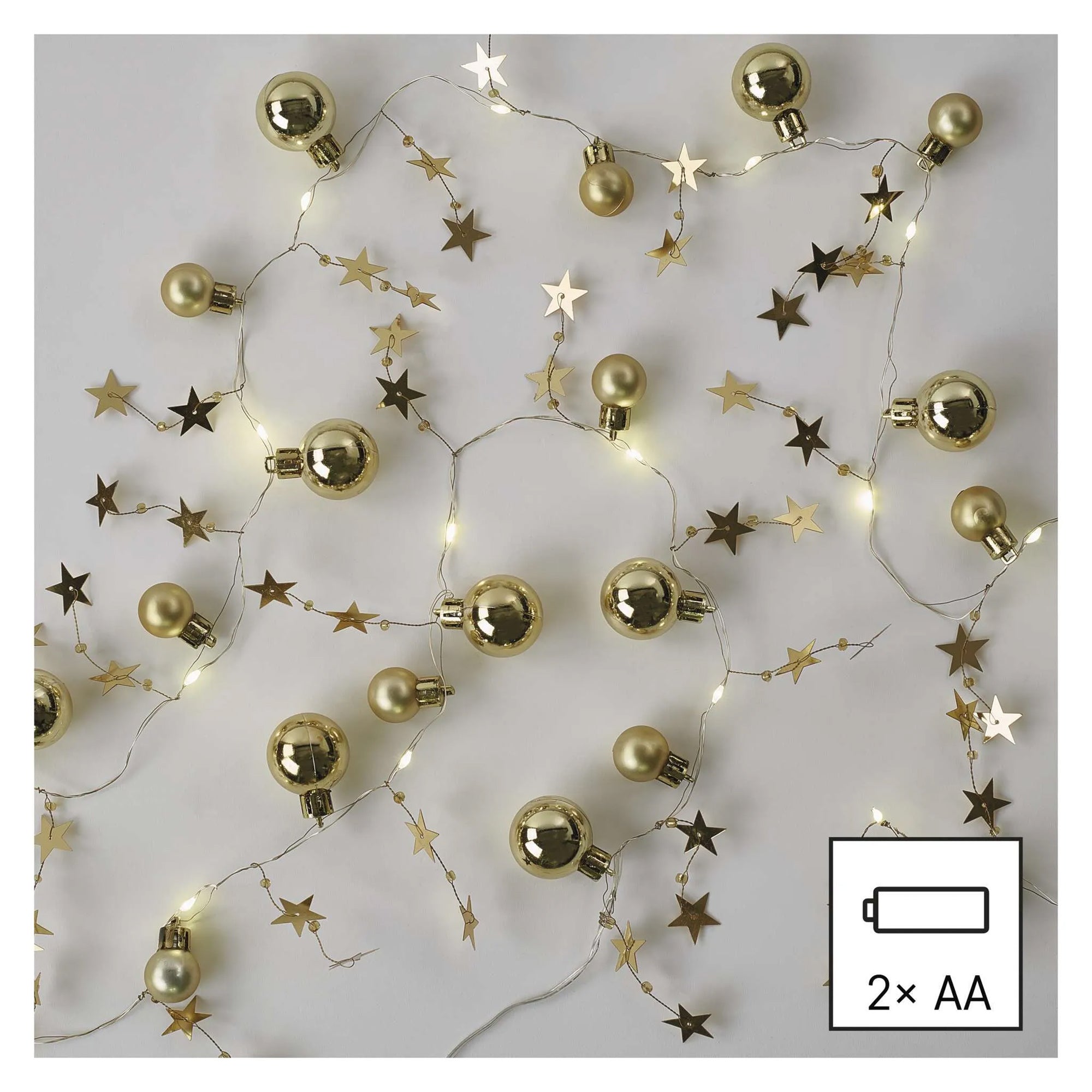 LED Christmas garland, gold balls with stars, indoor, warm white, timer, 2xAA, 1.9m