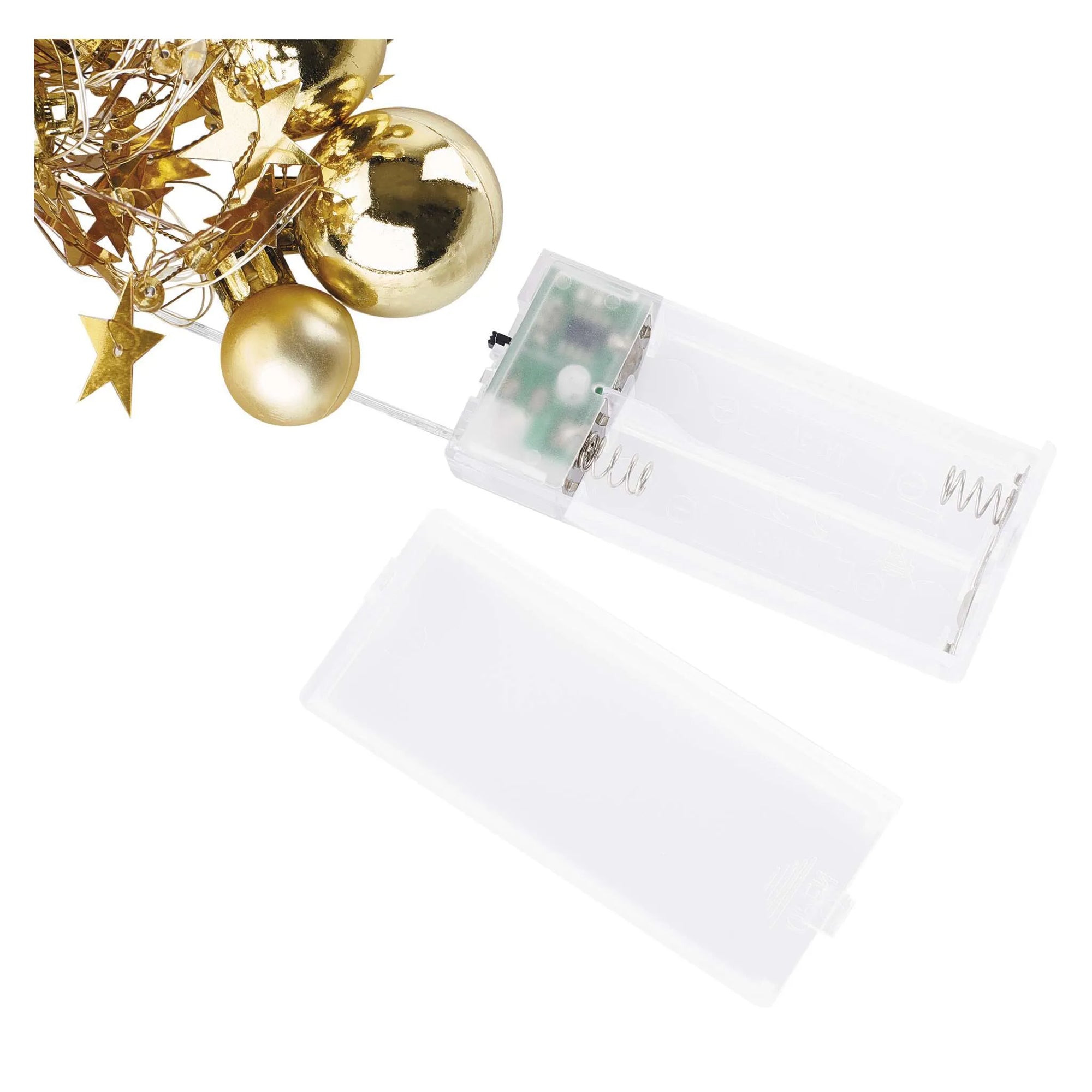LED Christmas garland, gold balls with stars, indoor, warm white, timer, 2xAA, 1.9m
