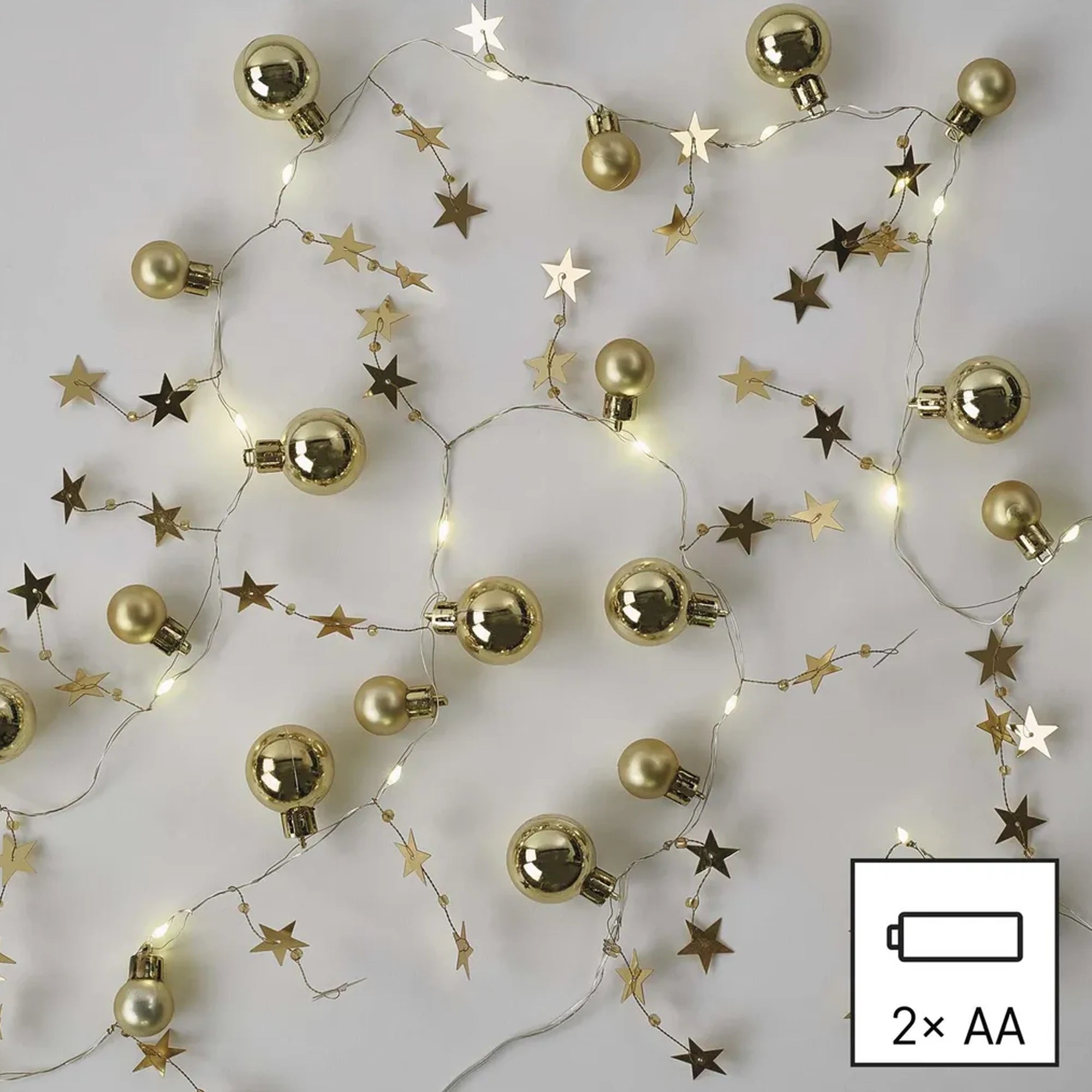 Božićna girlanda, zlatne kugle sa zvijezdama, LED, toplo bijela, 2xAA, IP20, 1.9m