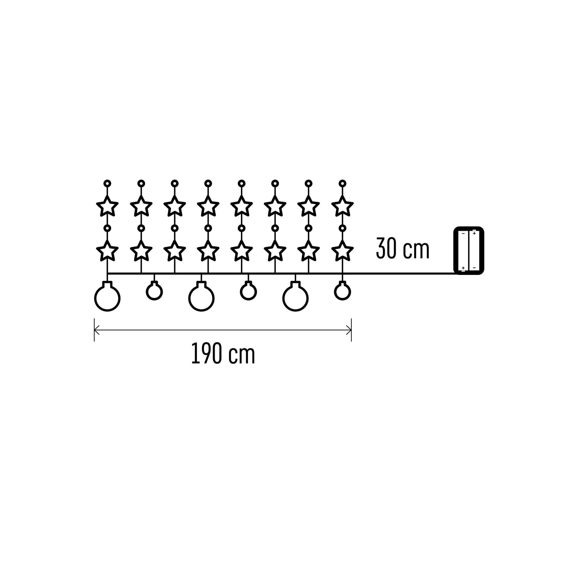 LED Christmas garland, gold balls with stars, indoor, warm white, timer, 2xAA, 1.9m