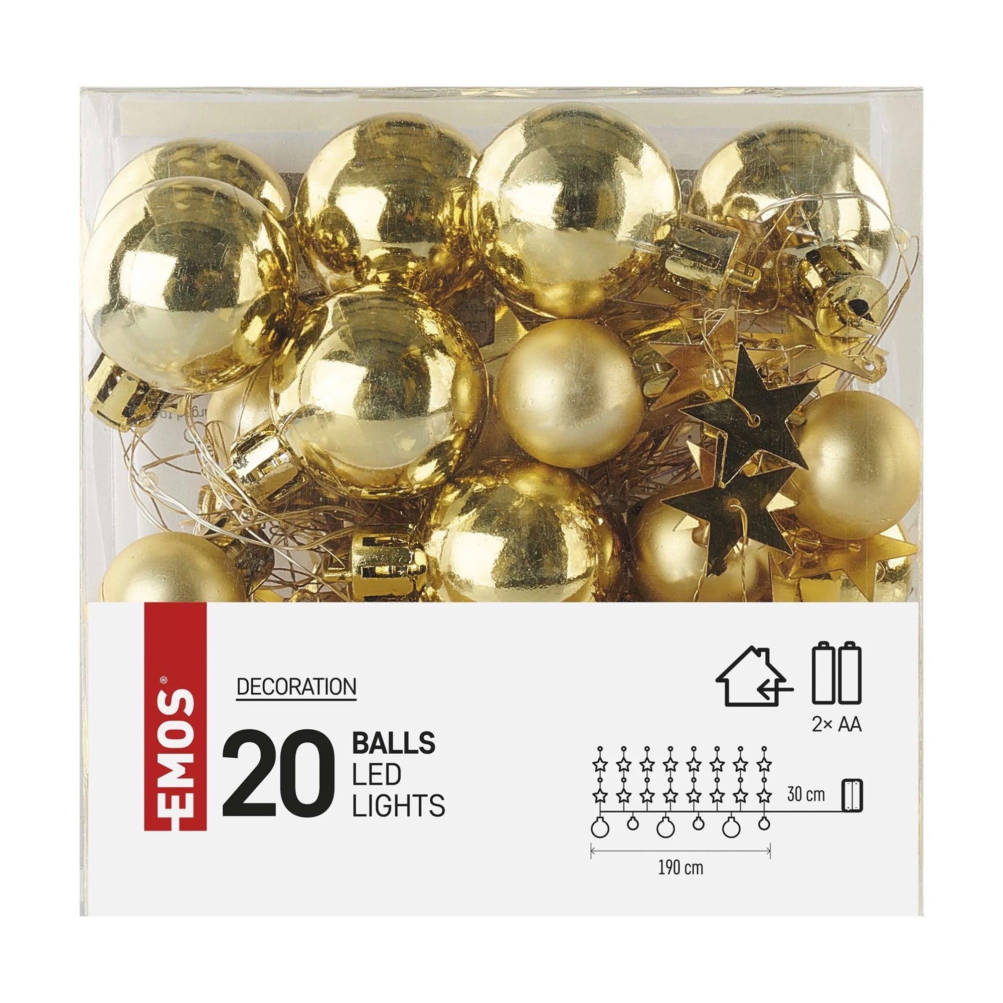 LED Christmas garland, gold balls with stars, indoor, warm white, timer, 2xAA, 1.9m