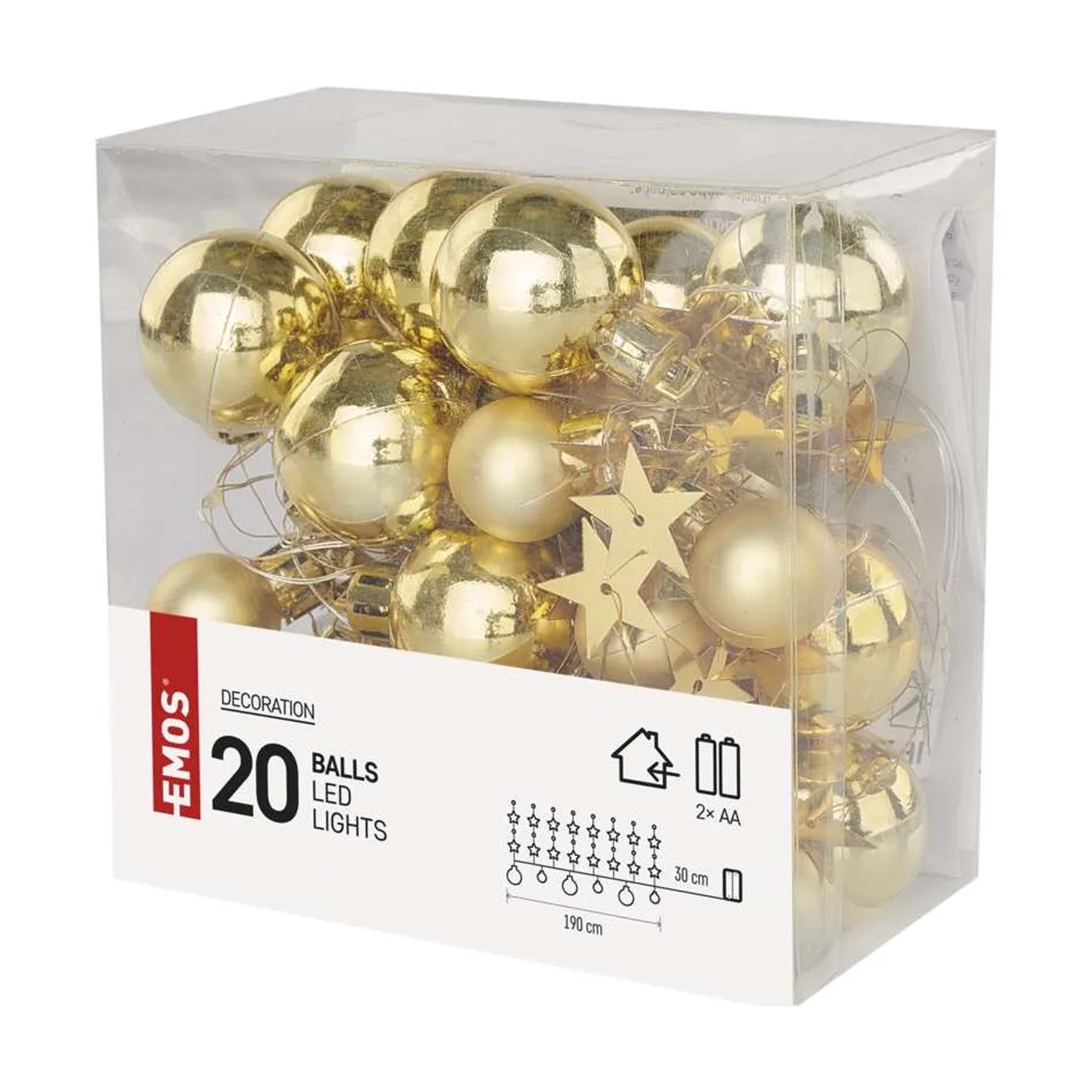 LED Christmas garland, gold balls with stars, indoor, warm white, timer, 2xAA, 1.9m