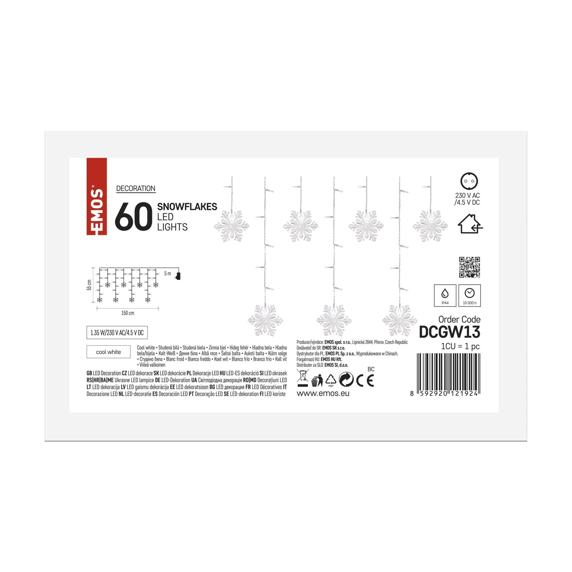 LED Christmas curtain, snowflakes, indoor, cool white, 135x50cm