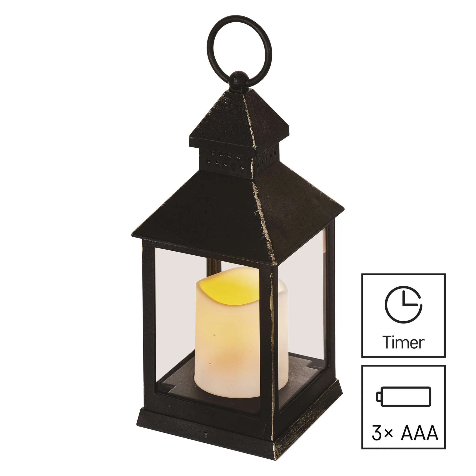LED antique lantern, indoor, black, flickering, timer, 3xAAA