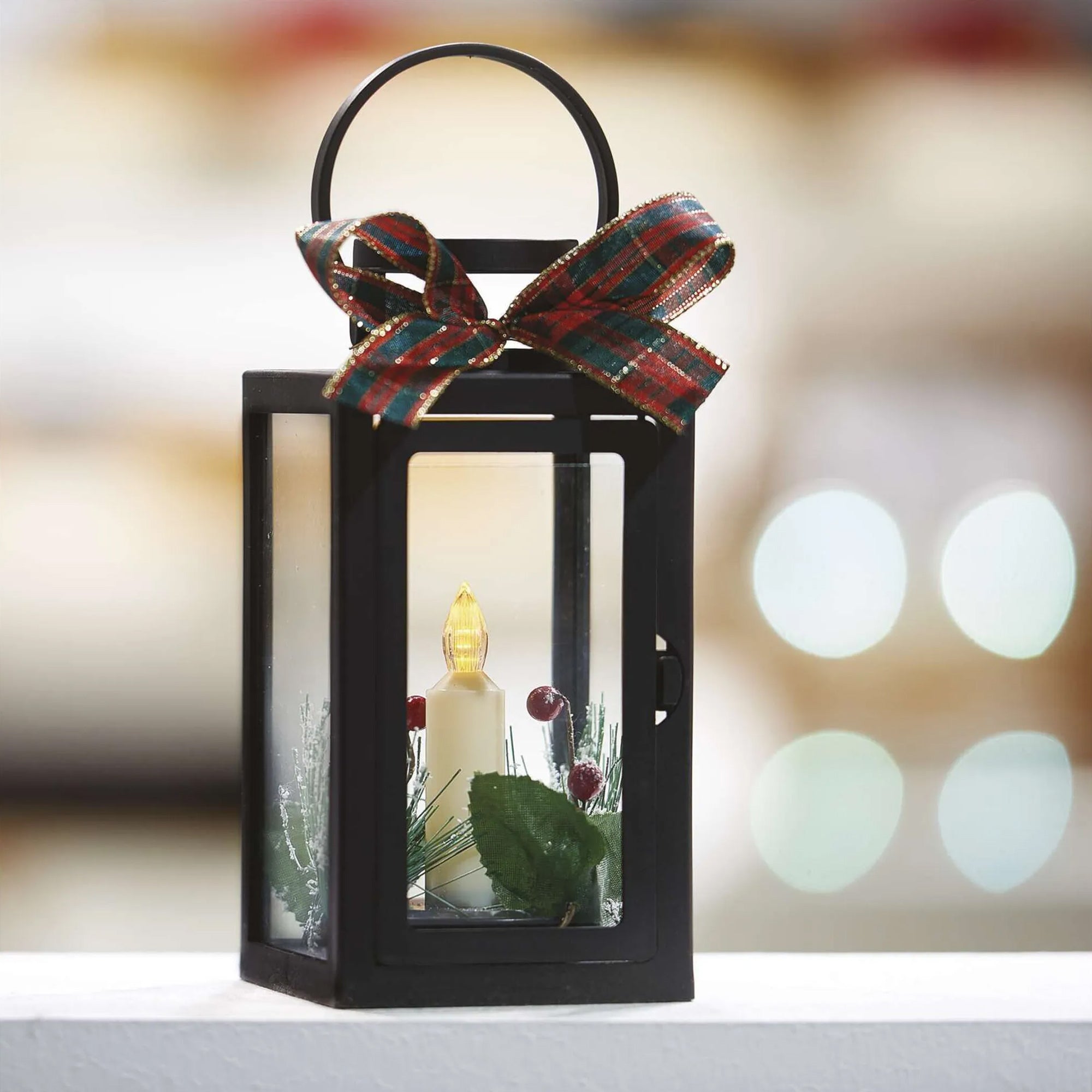 LED Christmas lantern with candle, indoor, black, vintage, 3xAAA