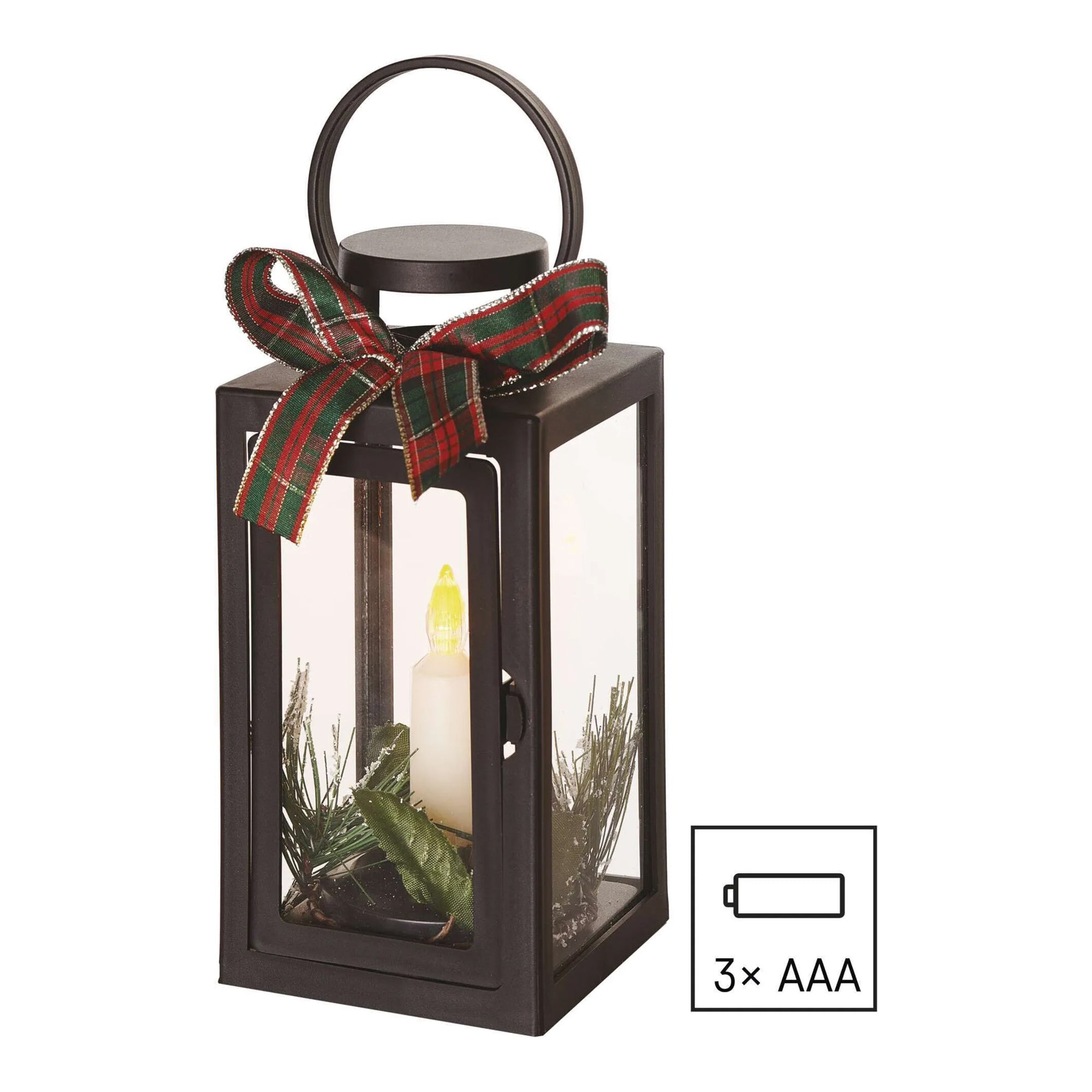 LED Christmas lantern with candle, indoor, black, vintage, 3xAAA