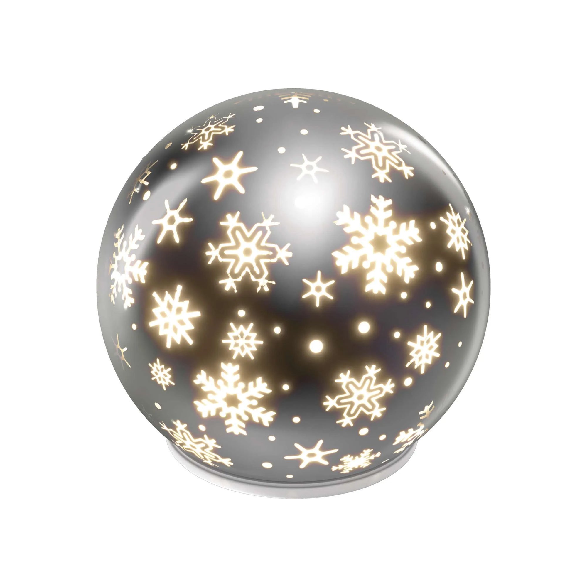 LED Christmas glass ball, snowflakes, indoor, warm white, timer, 3xAA