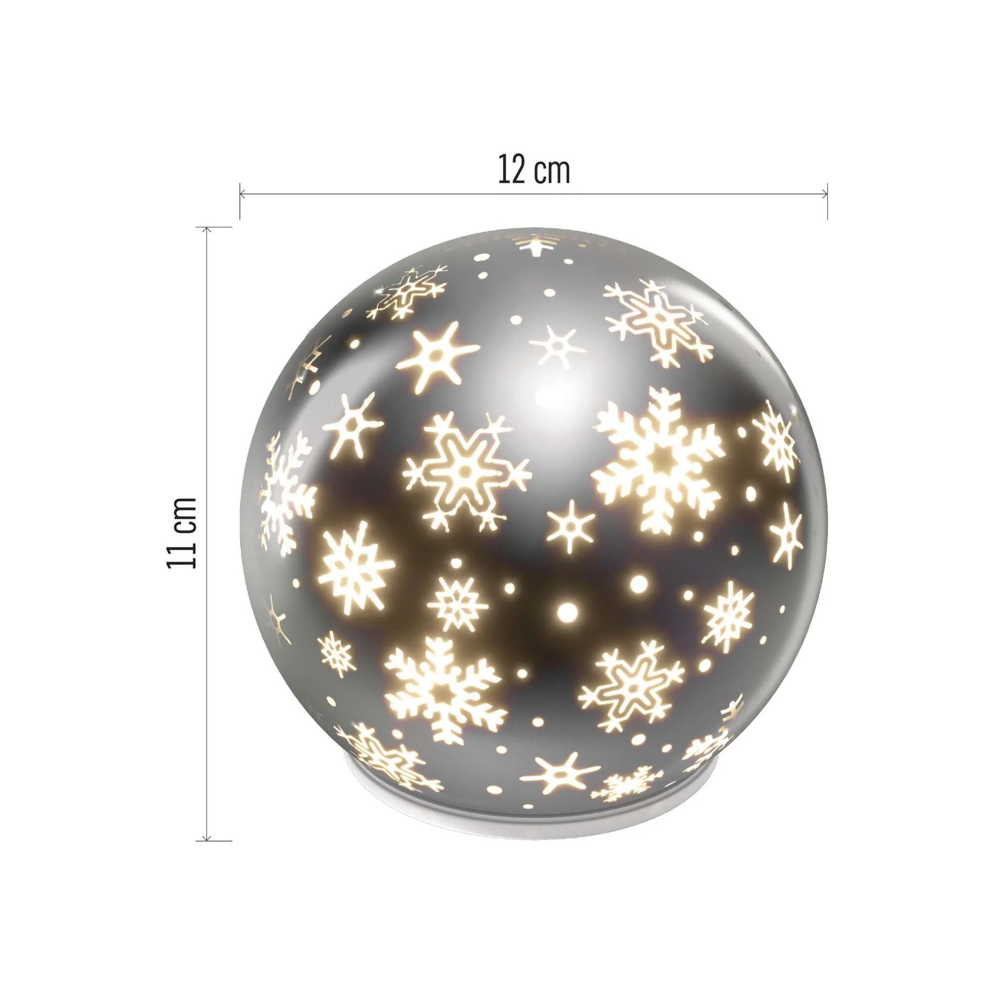 LED Christmas glass ball, snowflakes, indoor, warm white, timer, 3xAA