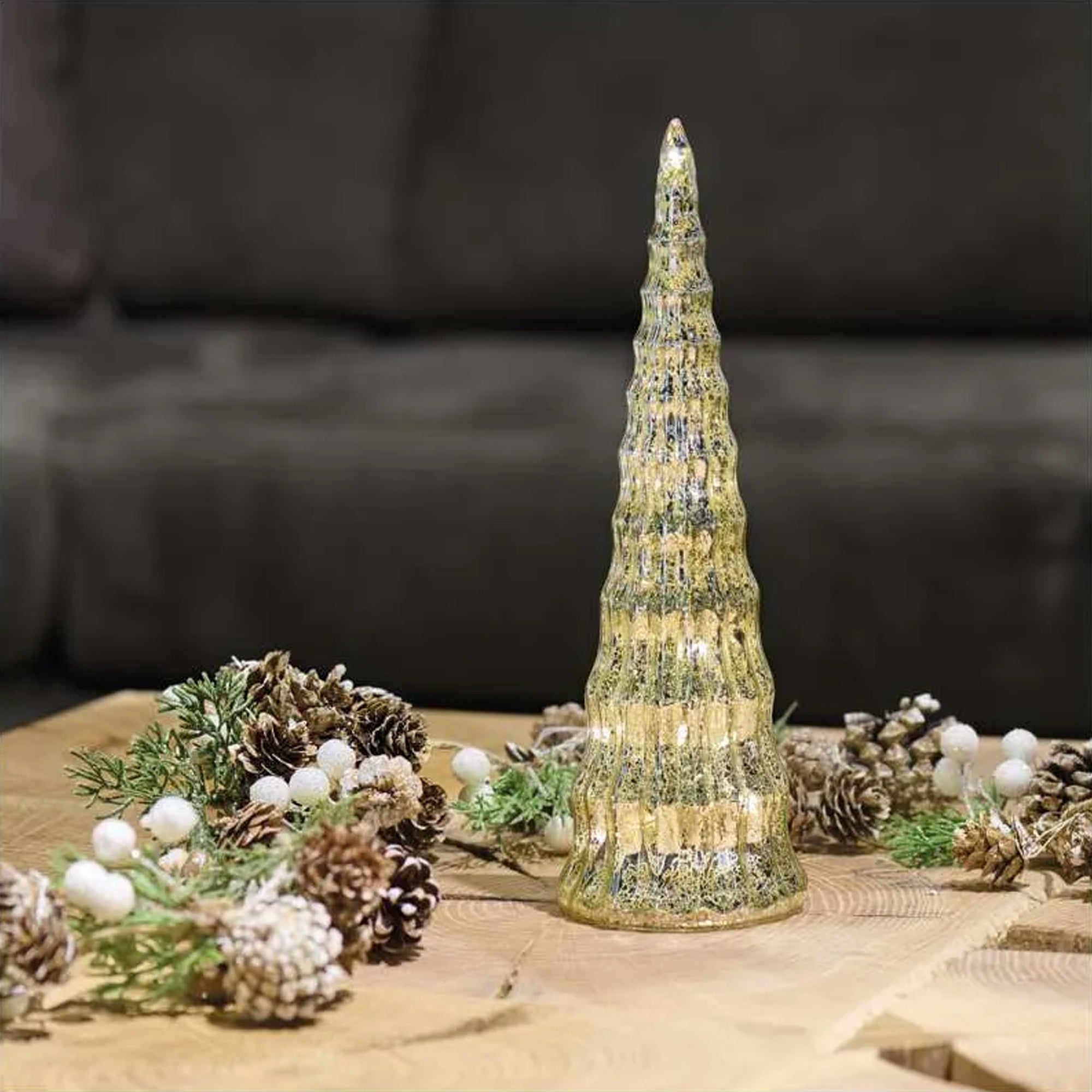 LED Christmas tree, indoor, glass, warm white, timer, 2xCR2032