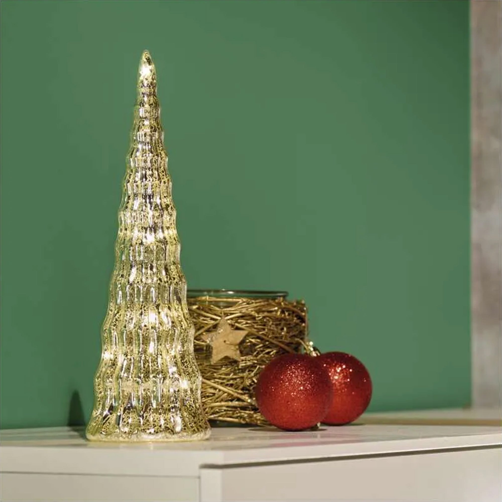 LED Christmas tree, indoor, glass, warm white, timer, 2xCR2032