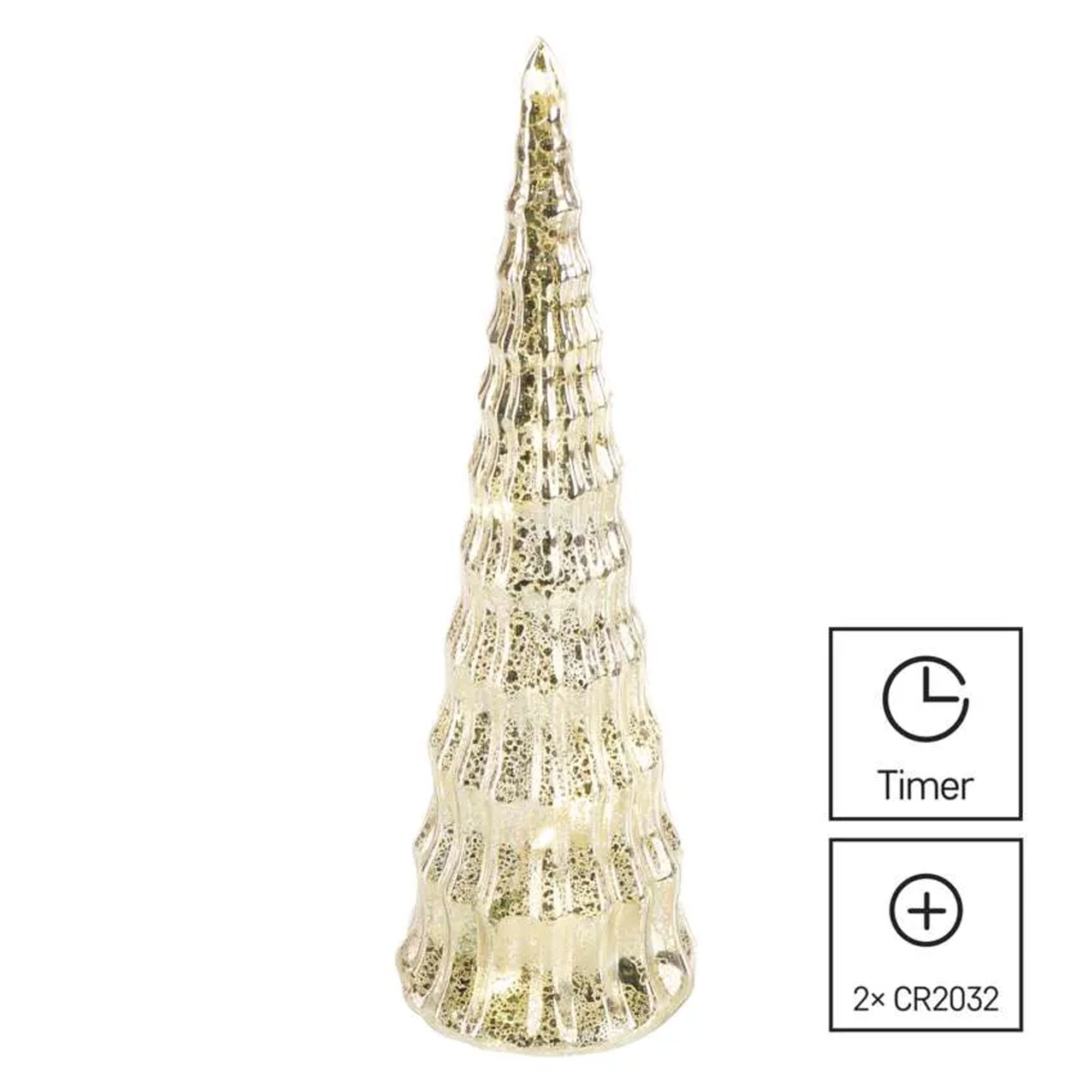 LED Christmas tree, indoor, glass, warm white, timer, 2xCR2032