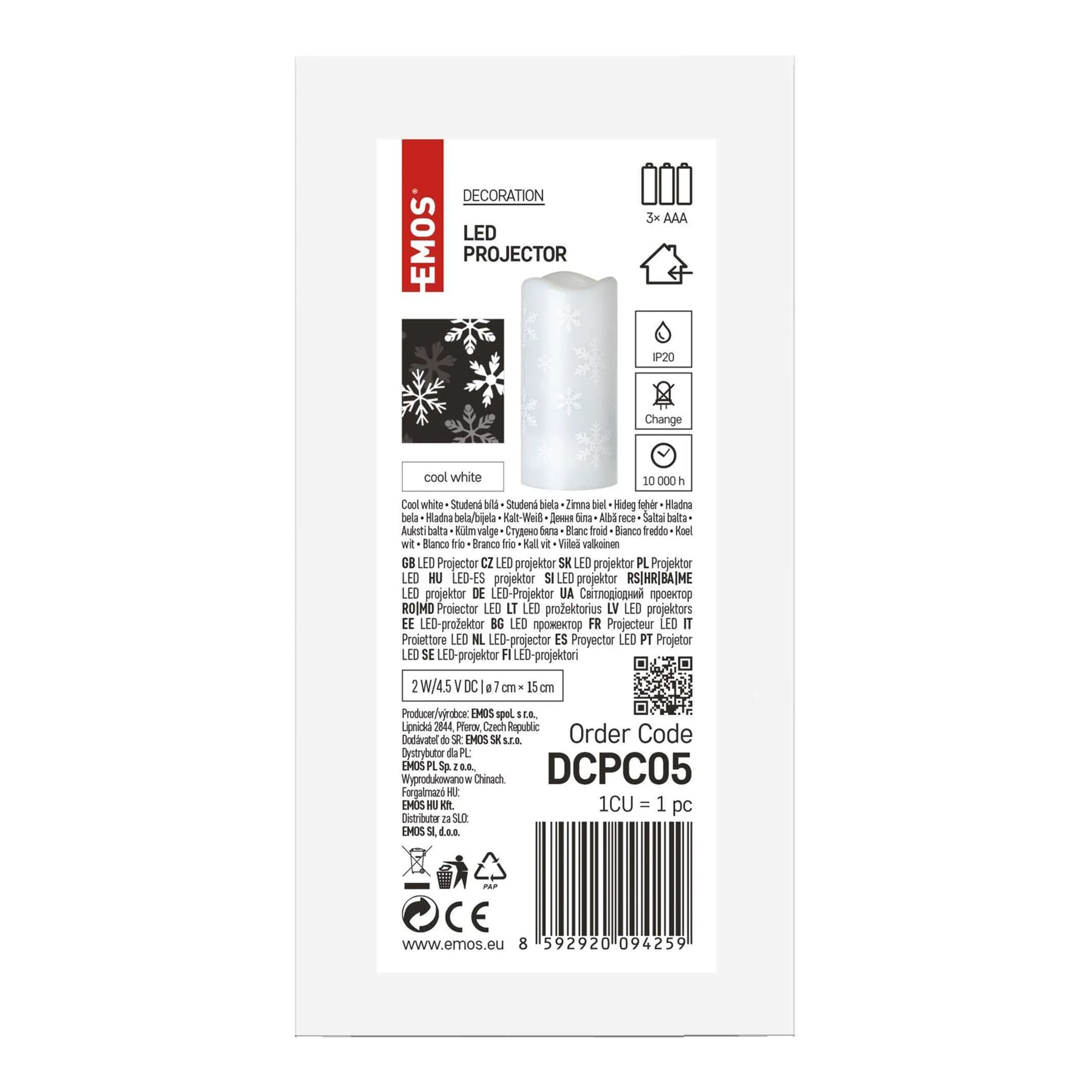 LED Christmas projector, snowflakes, indoor, cool white, 3xAAA