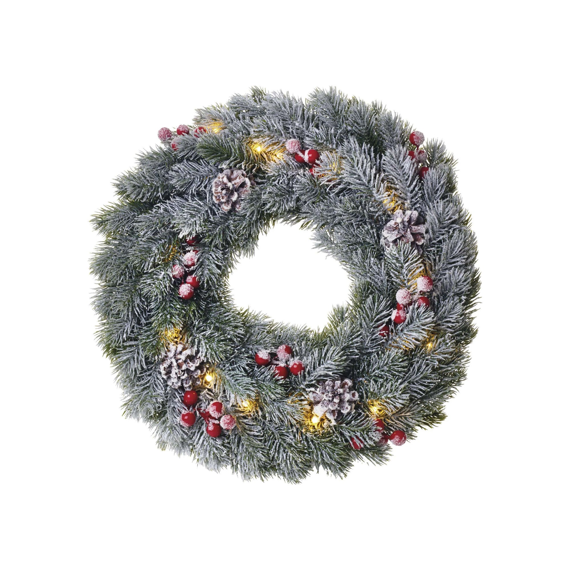 LED Christmas wreath, indoor, snow, warm white, timer, 2xAA, 38cm