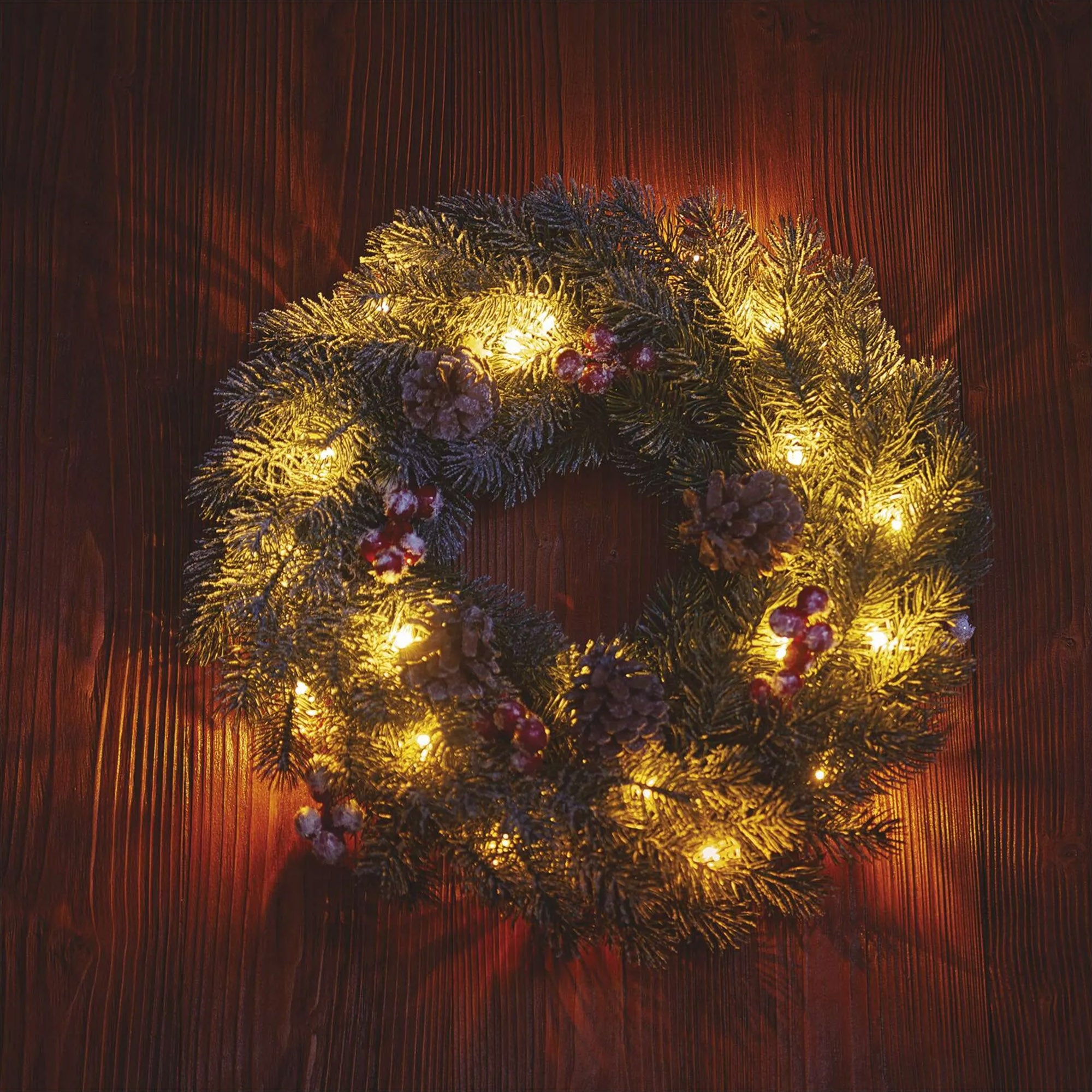 LED Christmas wreath, indoor, snow, warm white, timer, 2xAA, 38cm