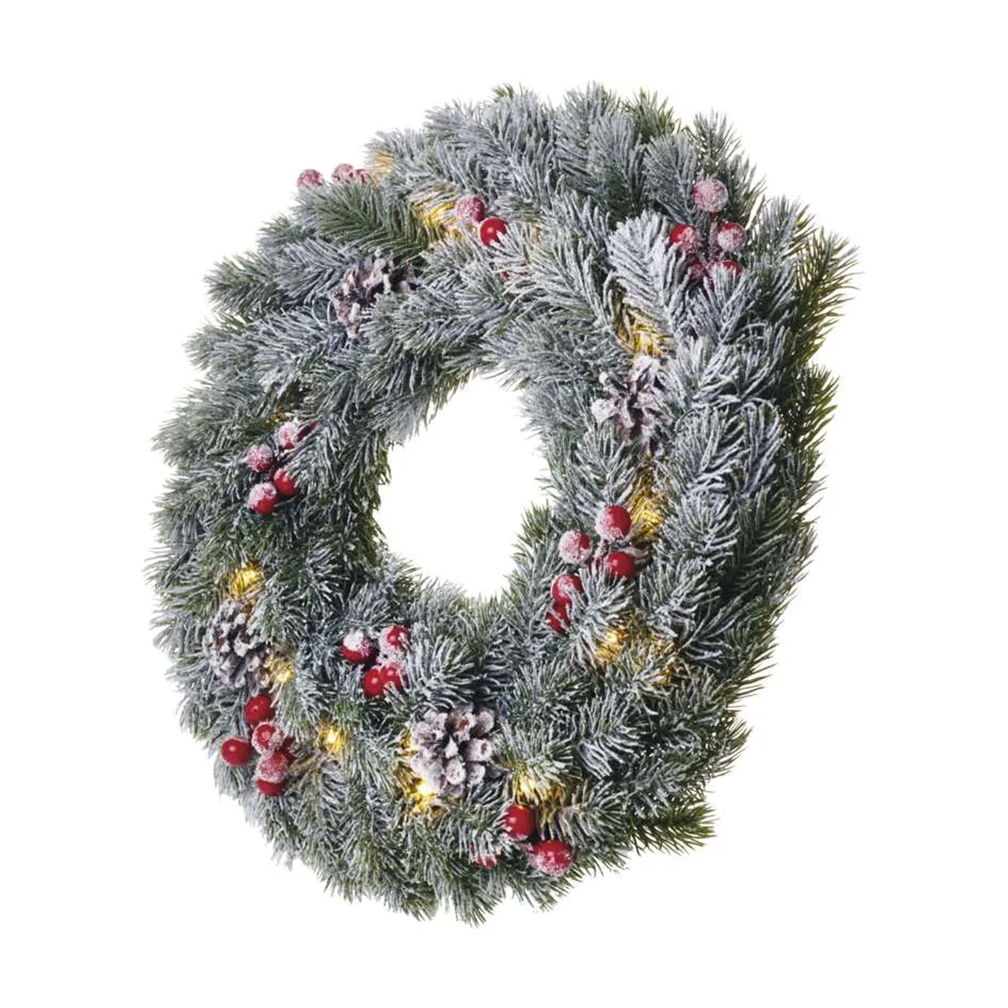 LED Christmas wreath, indoor, snow, warm white, timer, 2xAA, 38cm