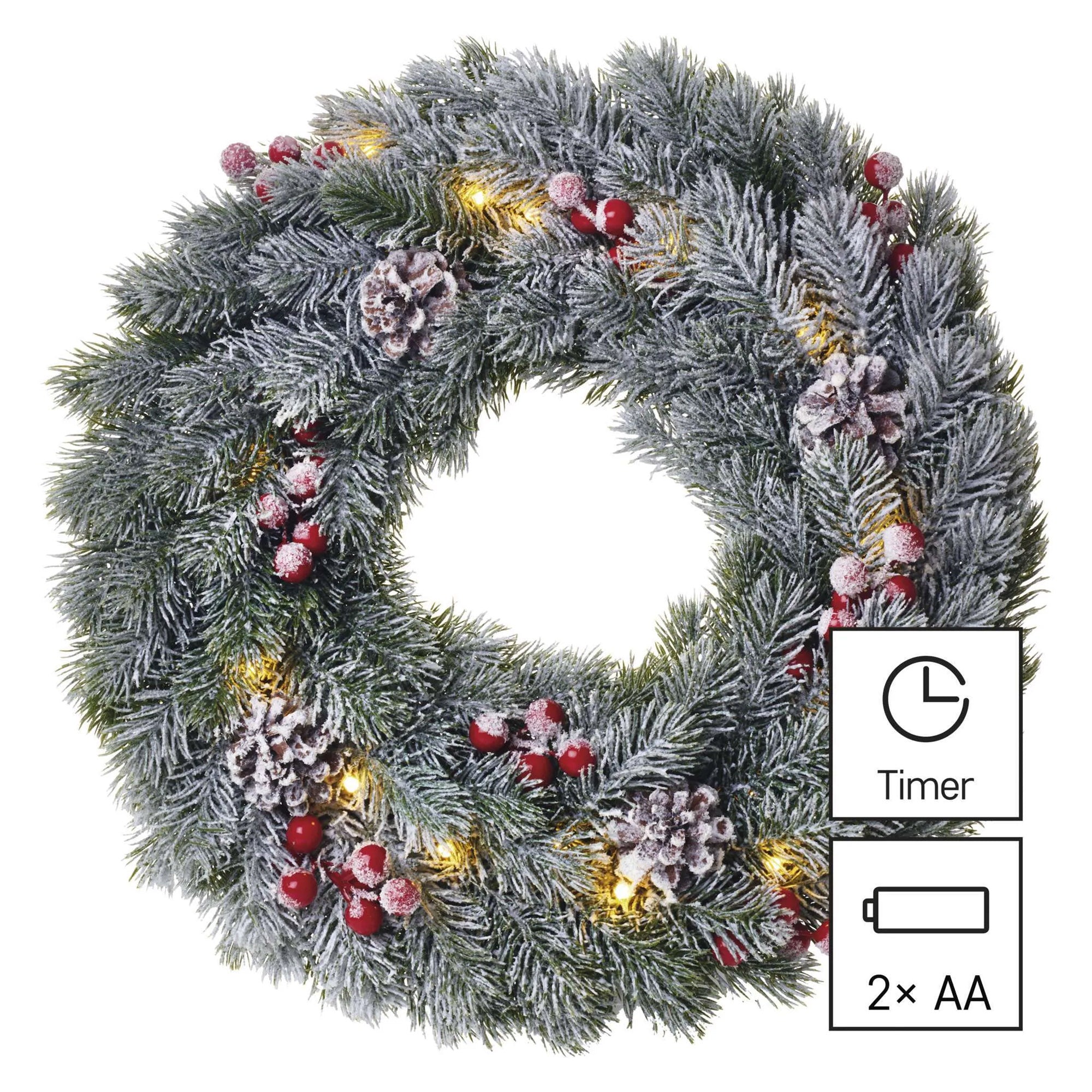 LED Christmas wreath, indoor, snow, warm white, timer, 2xAA, 38cm