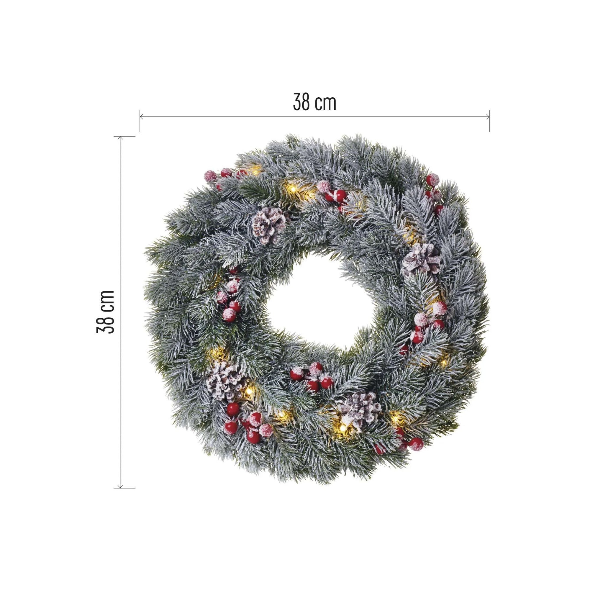 LED Christmas wreath, indoor, snow, warm white, timer, 2xAA, 38cm