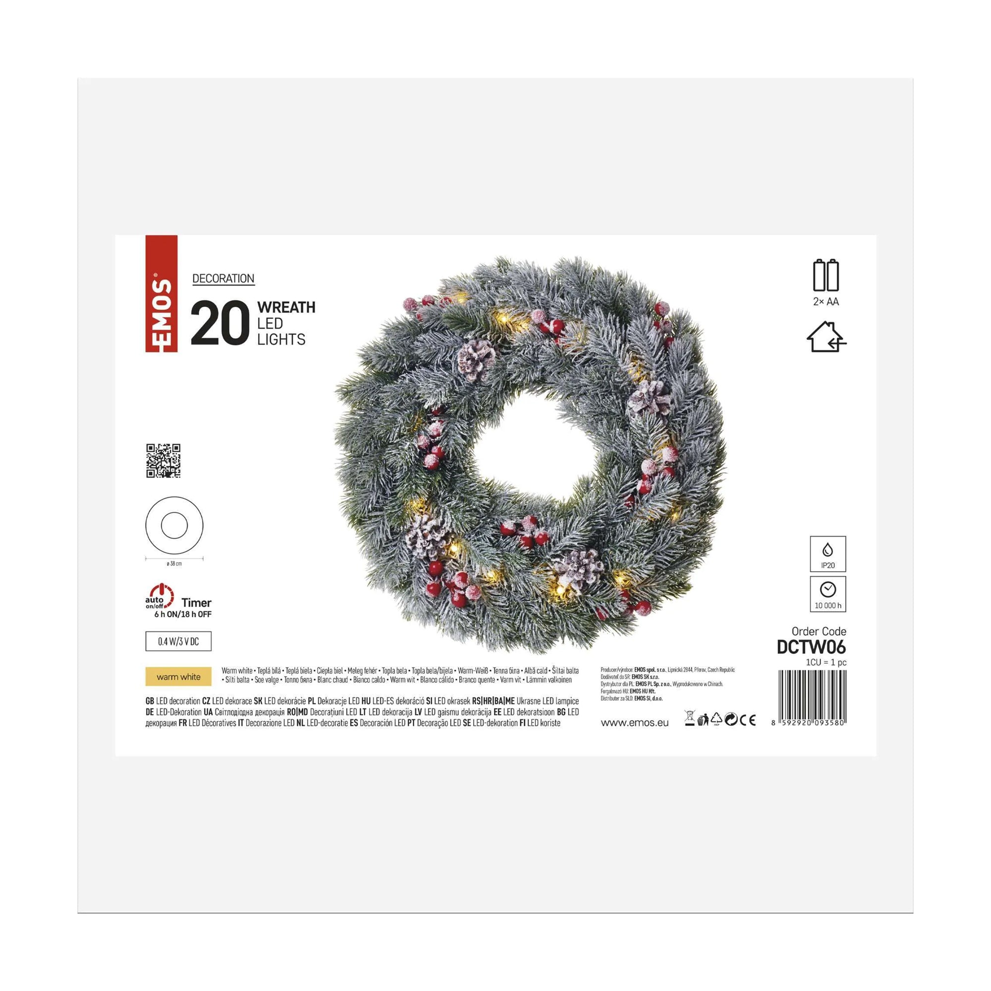 LED Christmas wreath, indoor, snow, warm white, timer, 2xAA, 38cm