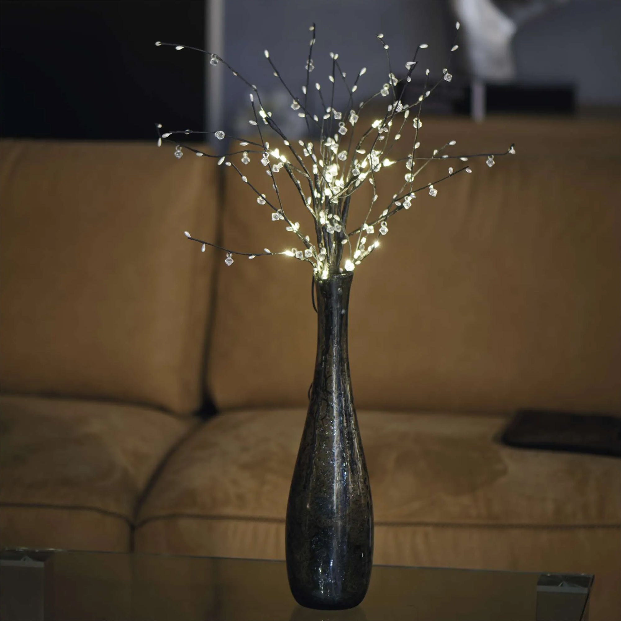 LED branch with beads, indoor, warm white, timer, 3xAA, 60cm