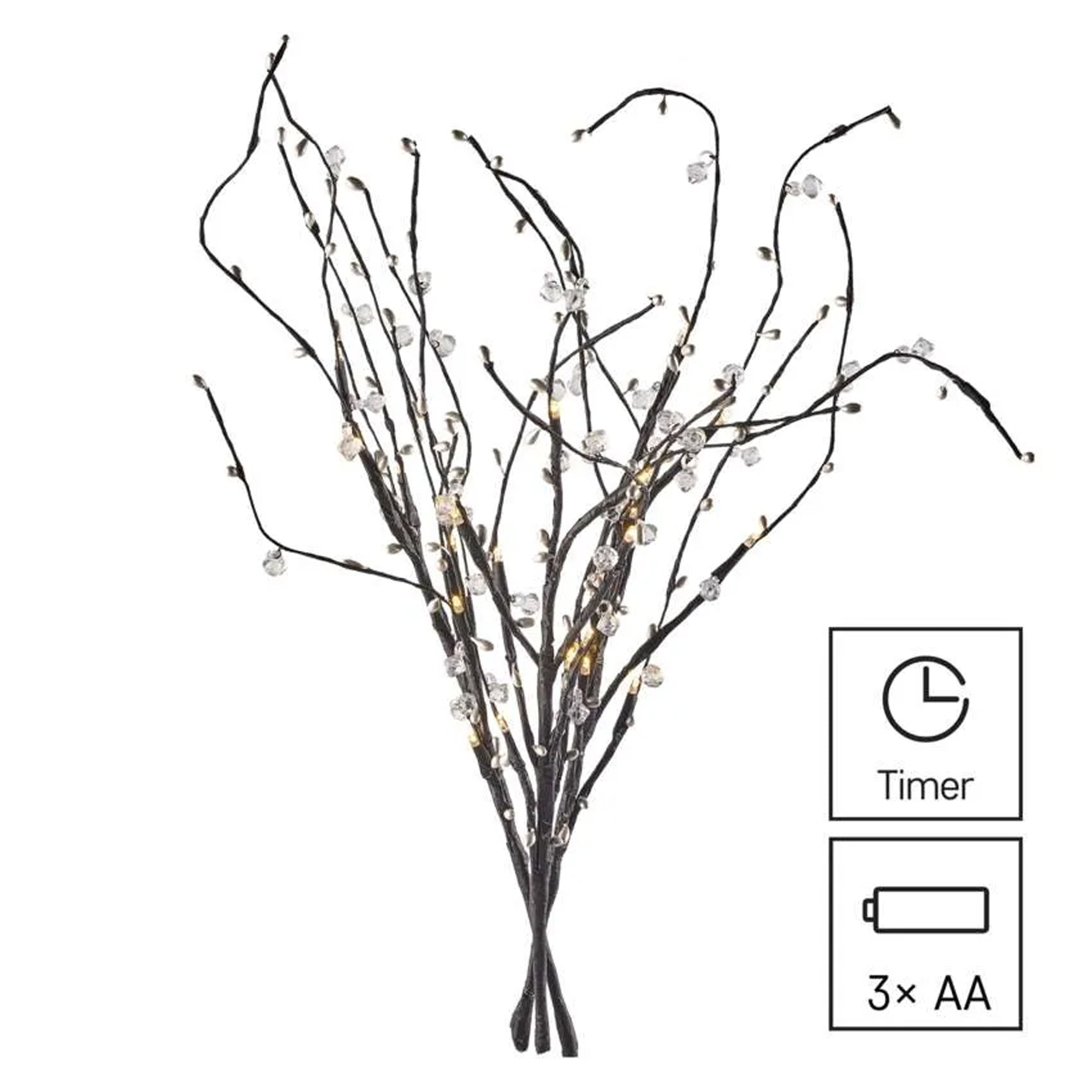 LED branch with beads, indoor, warm white, timer, 3xAA, 60cm