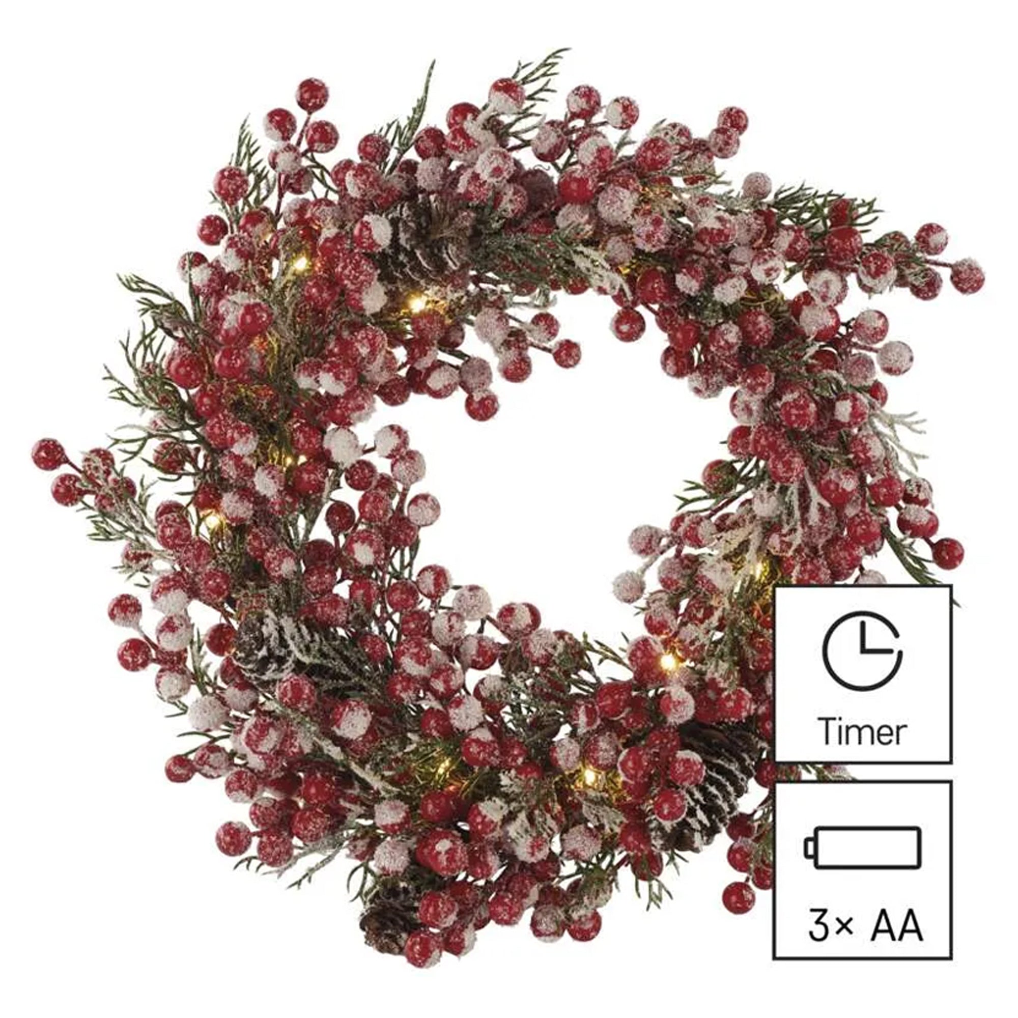 Božićni vijenac, ukrašeni, LED, toplo bijela, 3xAA, IP20, Ø380mm