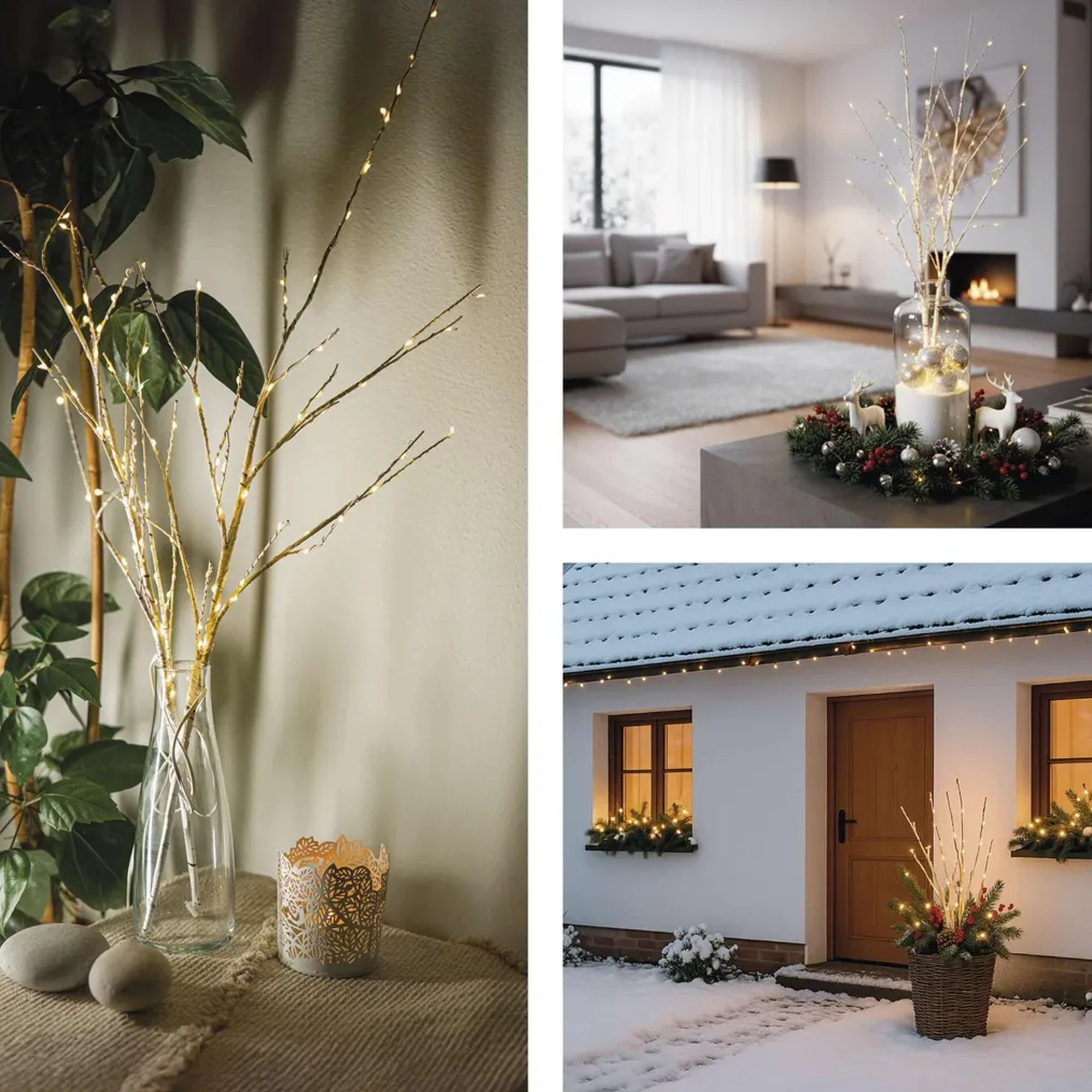 Božićna dekoracija, 2 grančice breze, LED, toplo bijela, 3xAA, IP44, 60cm