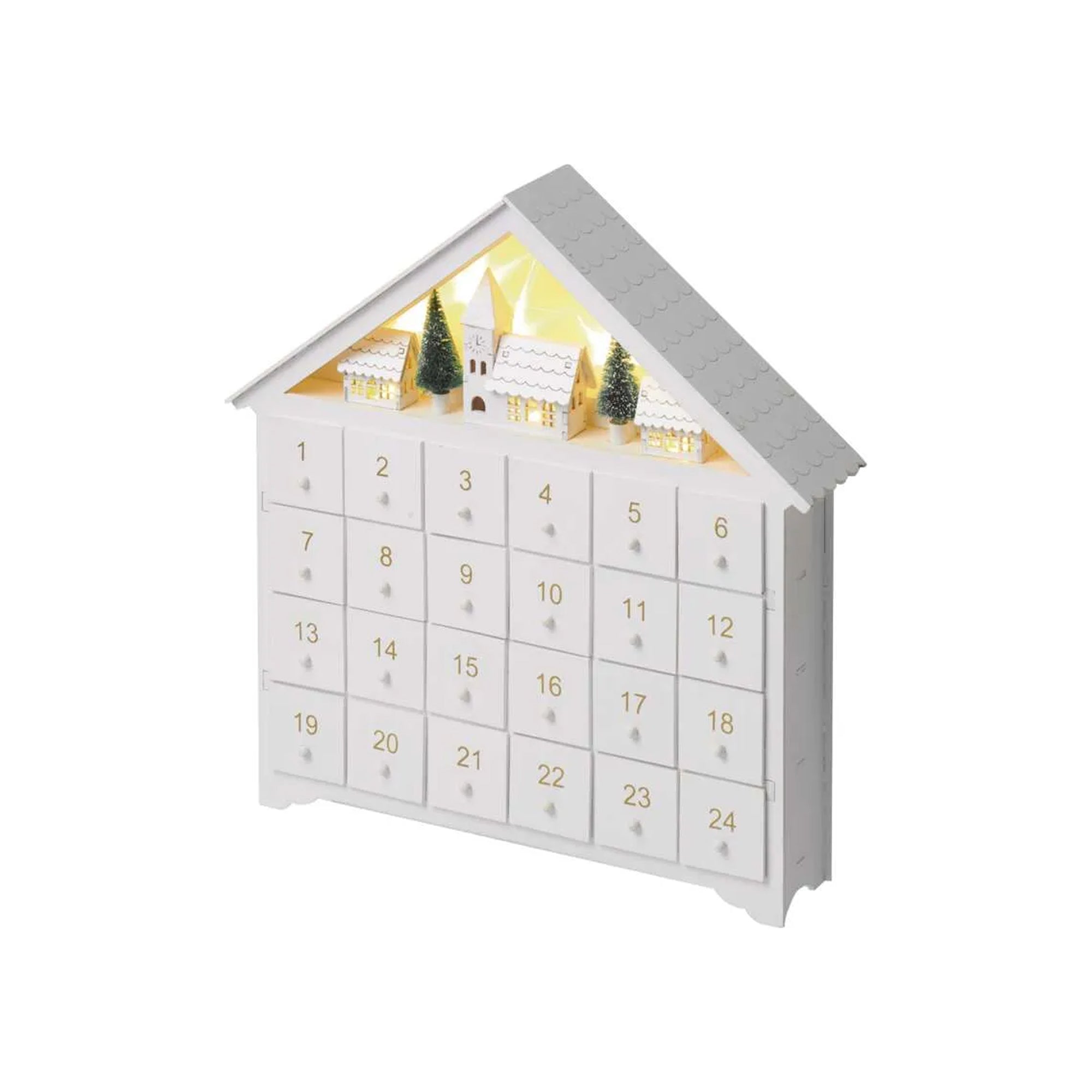 LED advent calendar, indoor, wooden, white, warm white, timer, 2xAA