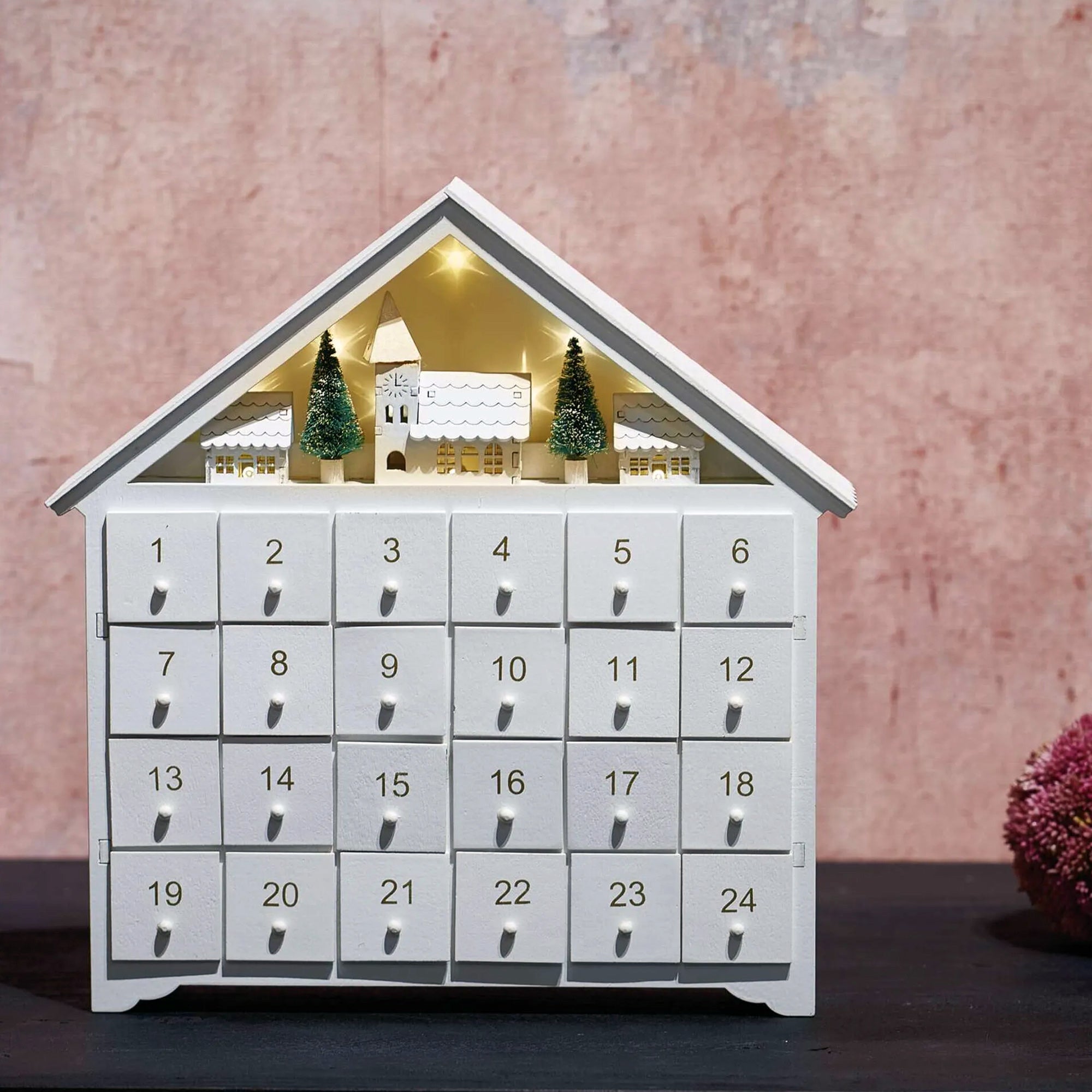 LED advent calendar, indoor, wooden, white, warm white, timer, 2xAA