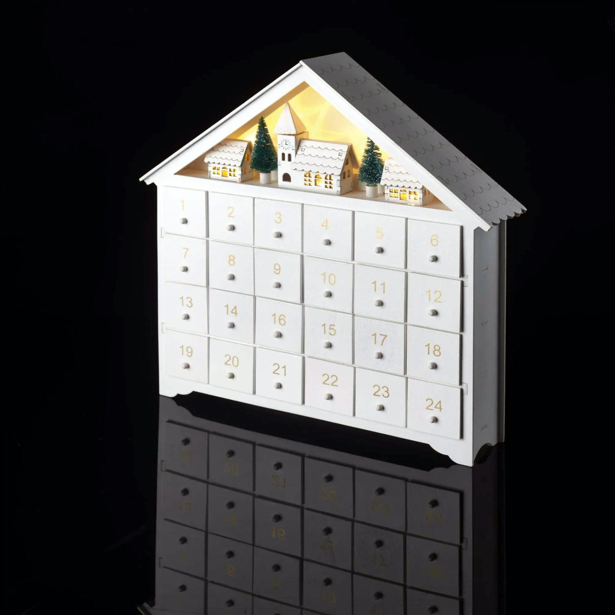 LED advent calendar, indoor, wooden, white, warm white, timer, 2xAA