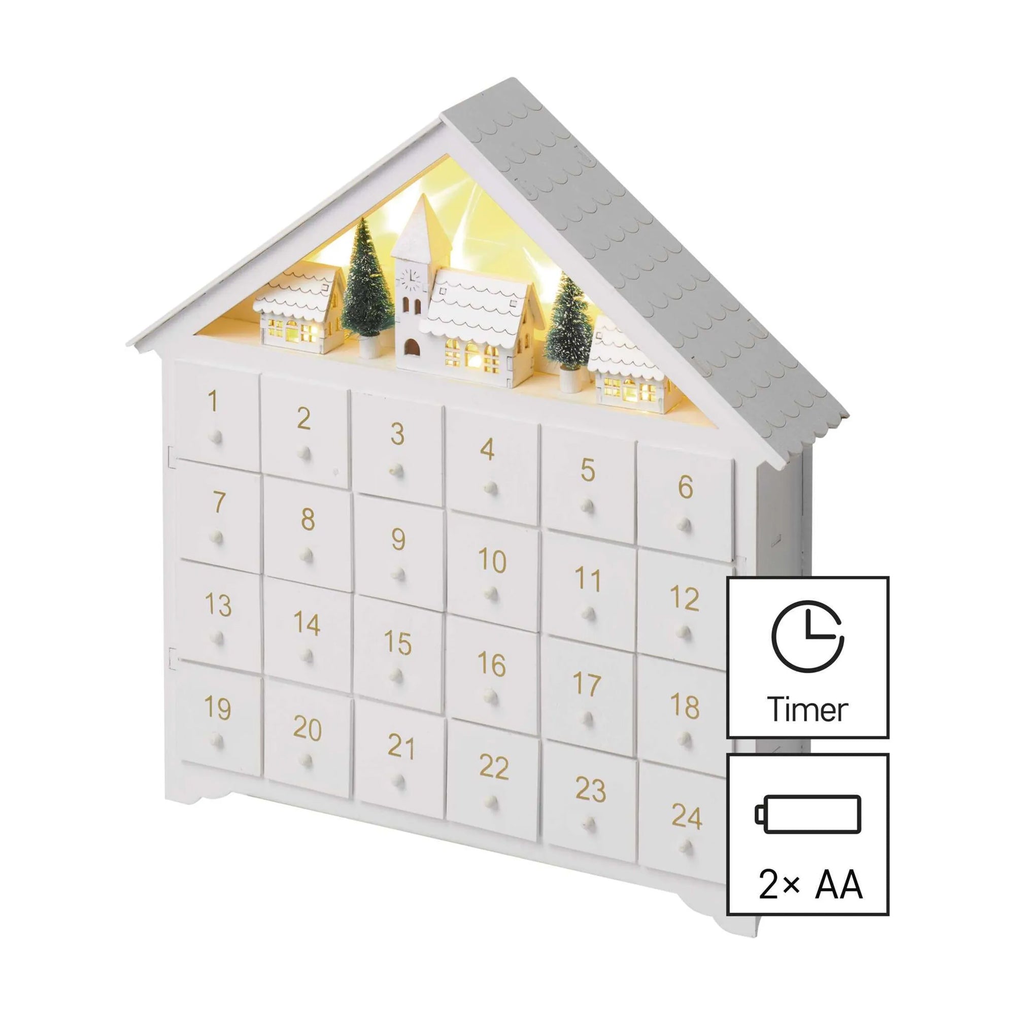 LED advent calendar, indoor, wooden, white, warm white, timer, 2xAA