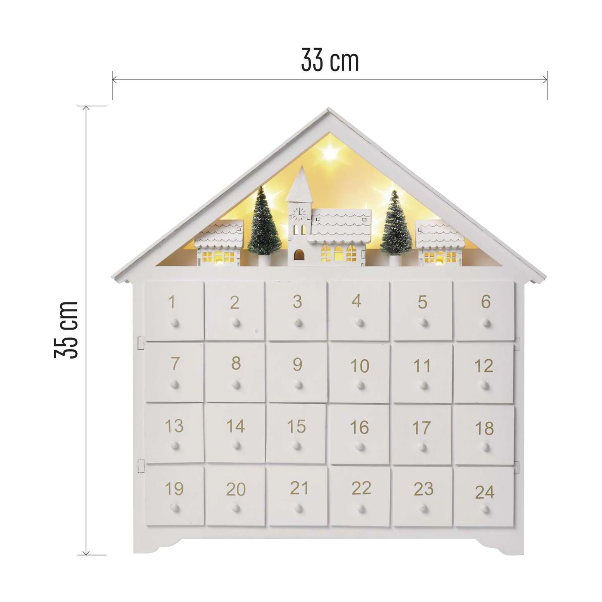 LED advent calendar, indoor, wooden, white, warm white, timer, 2xAA