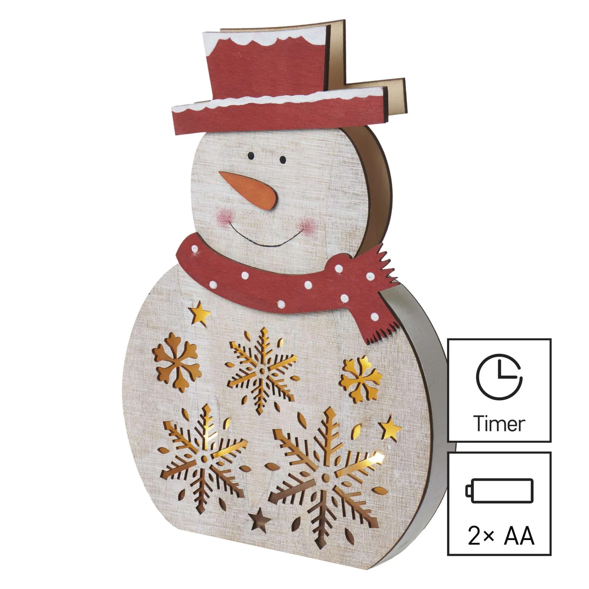 Božićna dekoracija, snjegović, drveni, LED, toplo bijela, 2xAAA, IP20