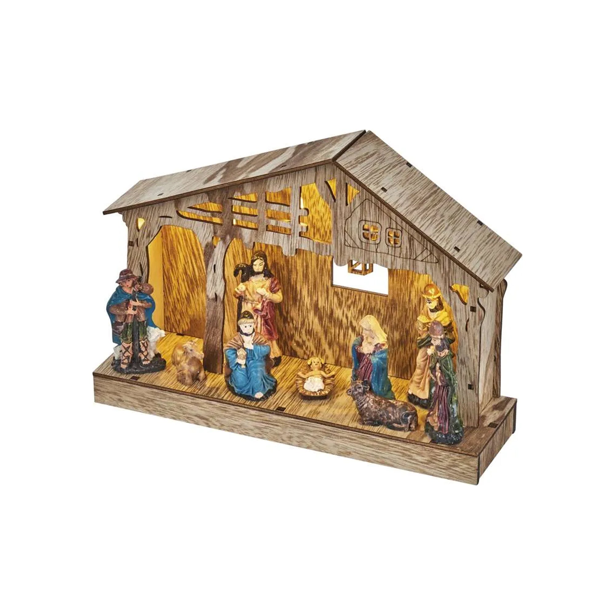 LED Christmas nativity scene, indoor, wooden, warm white, timer, 3xAA, 19cm