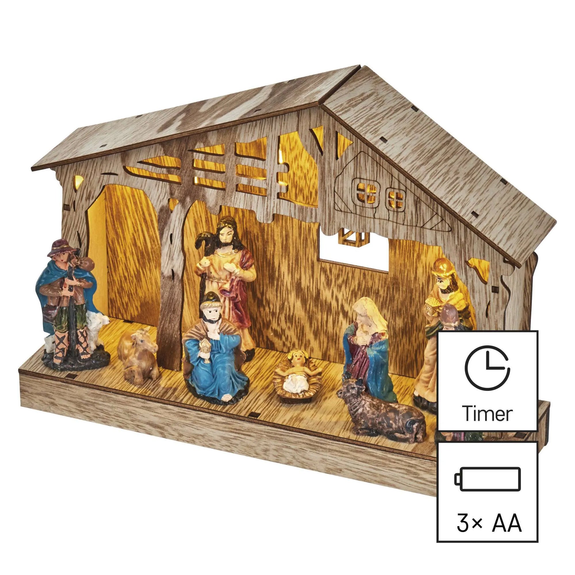 LED Christmas nativity scene, indoor, wooden, warm white, timer, 3xAA, 19cm