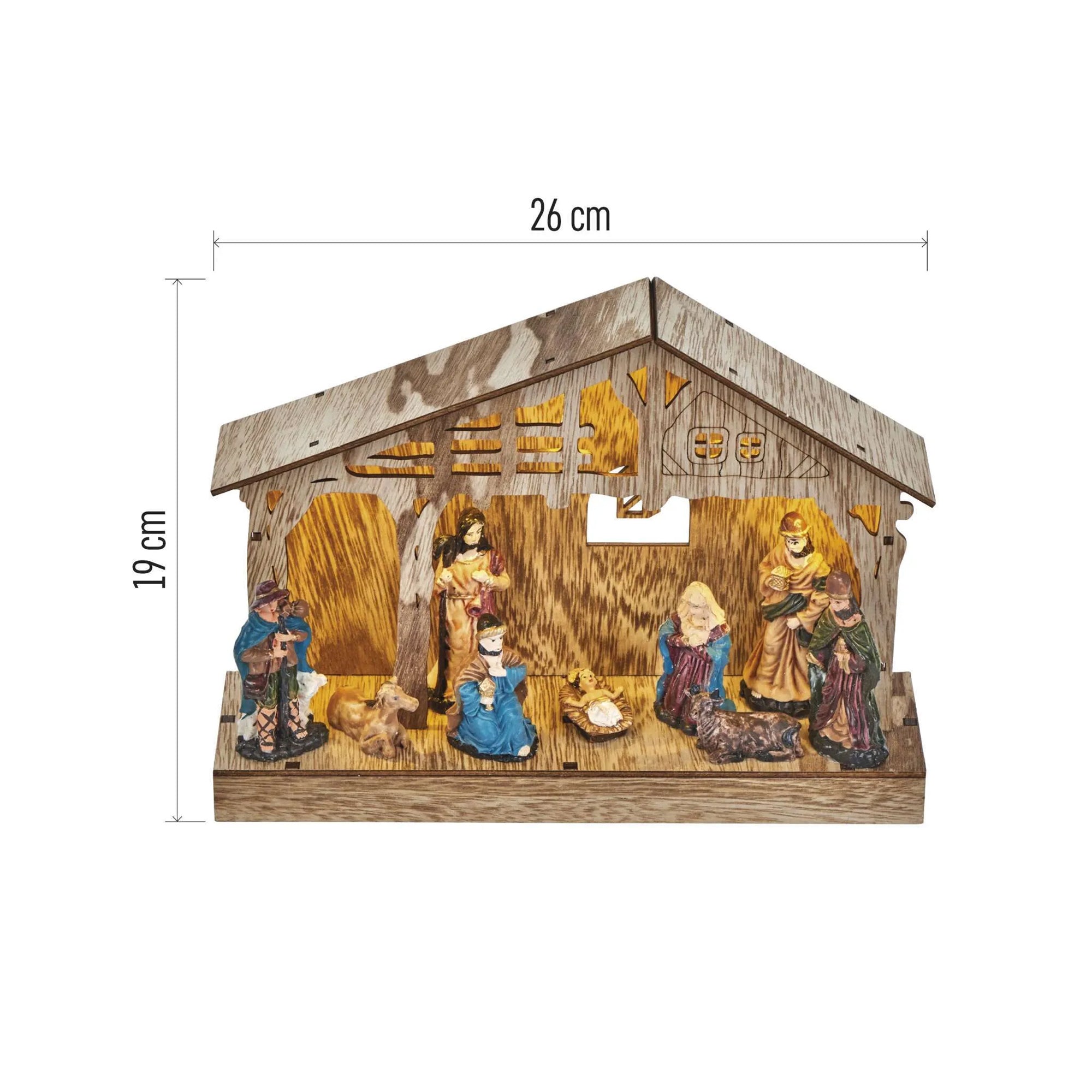 LED Christmas nativity scene, indoor, wooden, warm white, timer, 3xAA, 19cm