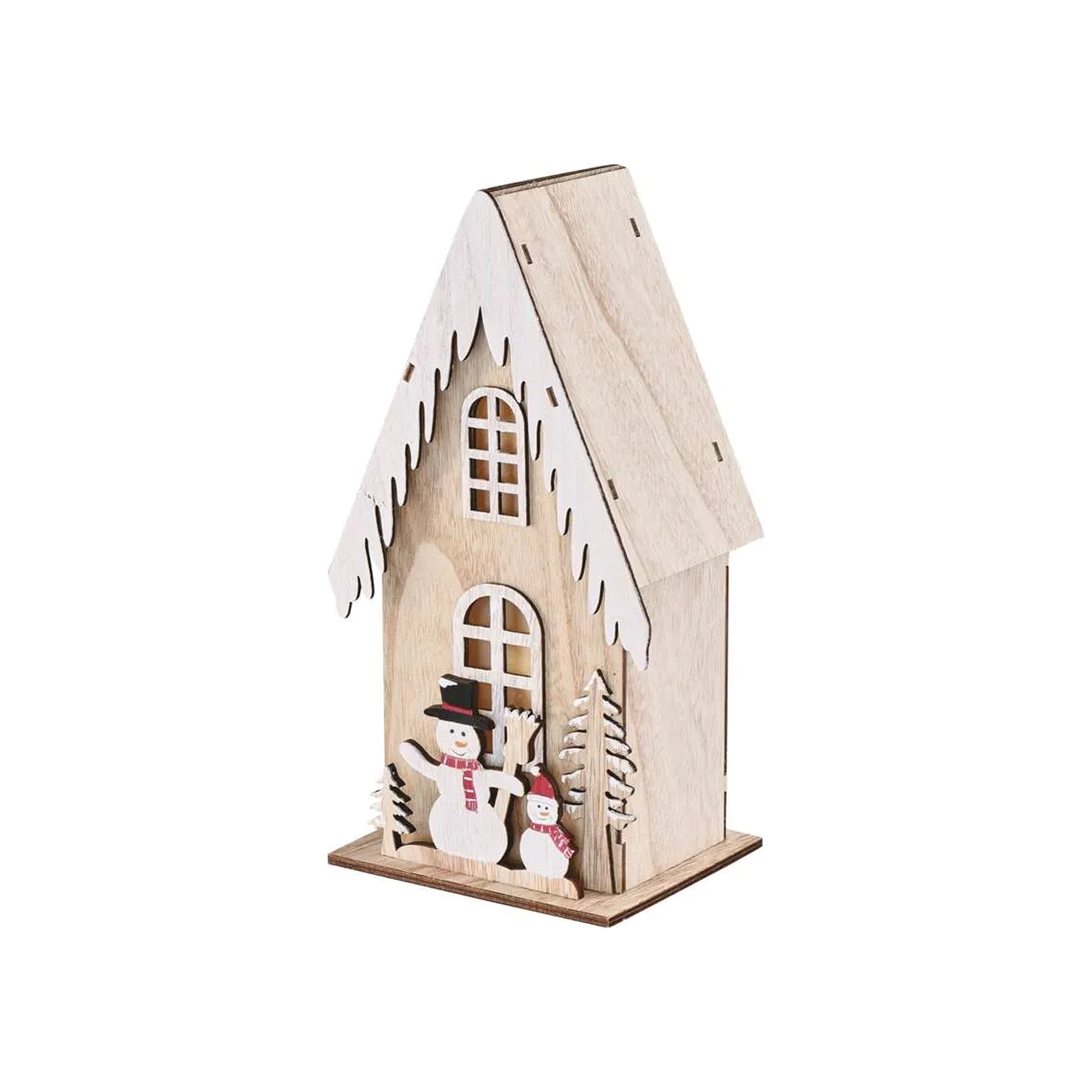 LED Christmas decoration, snowman house, indoor, wooden, warm white, timer, 2xAA