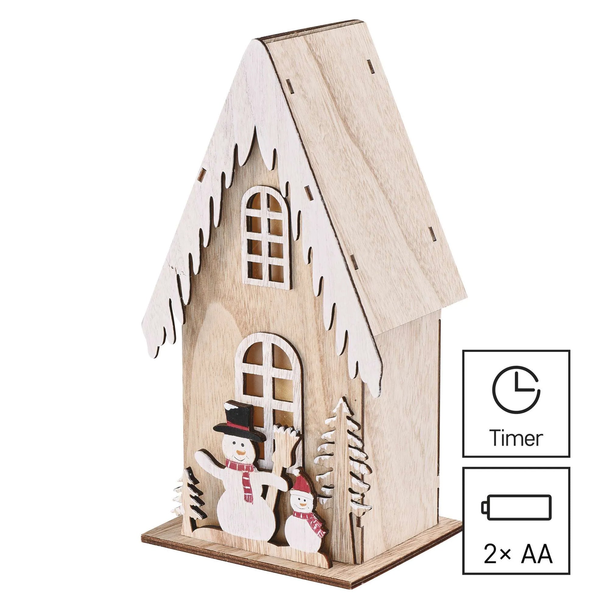 LED Christmas decoration, snowman house, indoor, wooden, warm white, timer, 2xAA