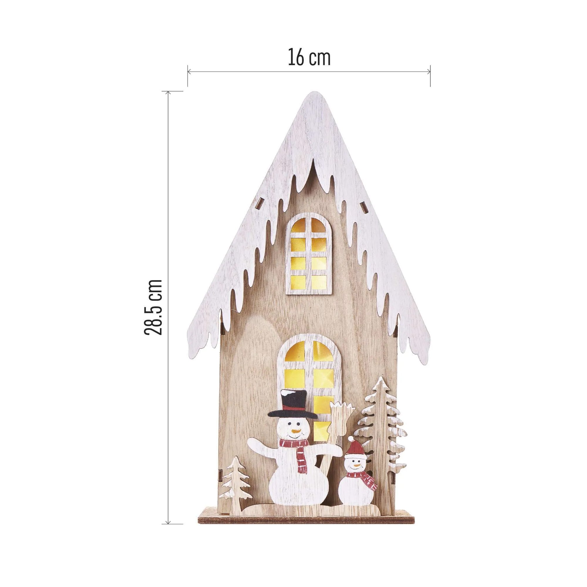 LED Christmas decoration, snowman house, indoor, wooden, warm white, timer, 2xAA