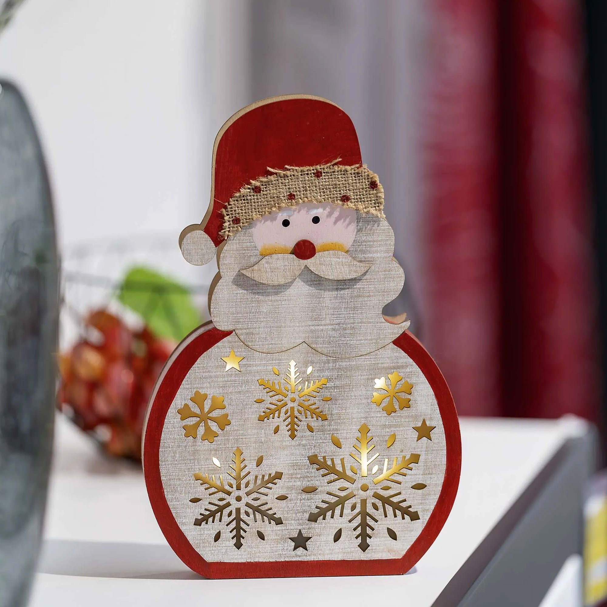LED Christmas decoration, Santa Claus, indoor, wooden, warm white, timer, 2xAA