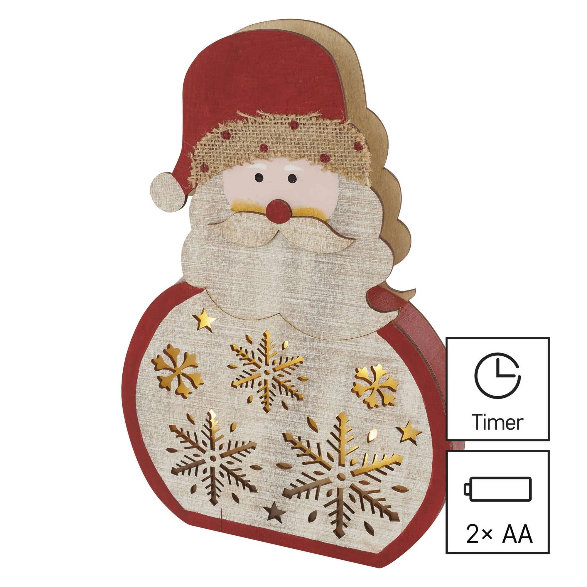 LED Christmas decoration, Santa Claus, indoor, wooden, warm white, timer, 2xAA