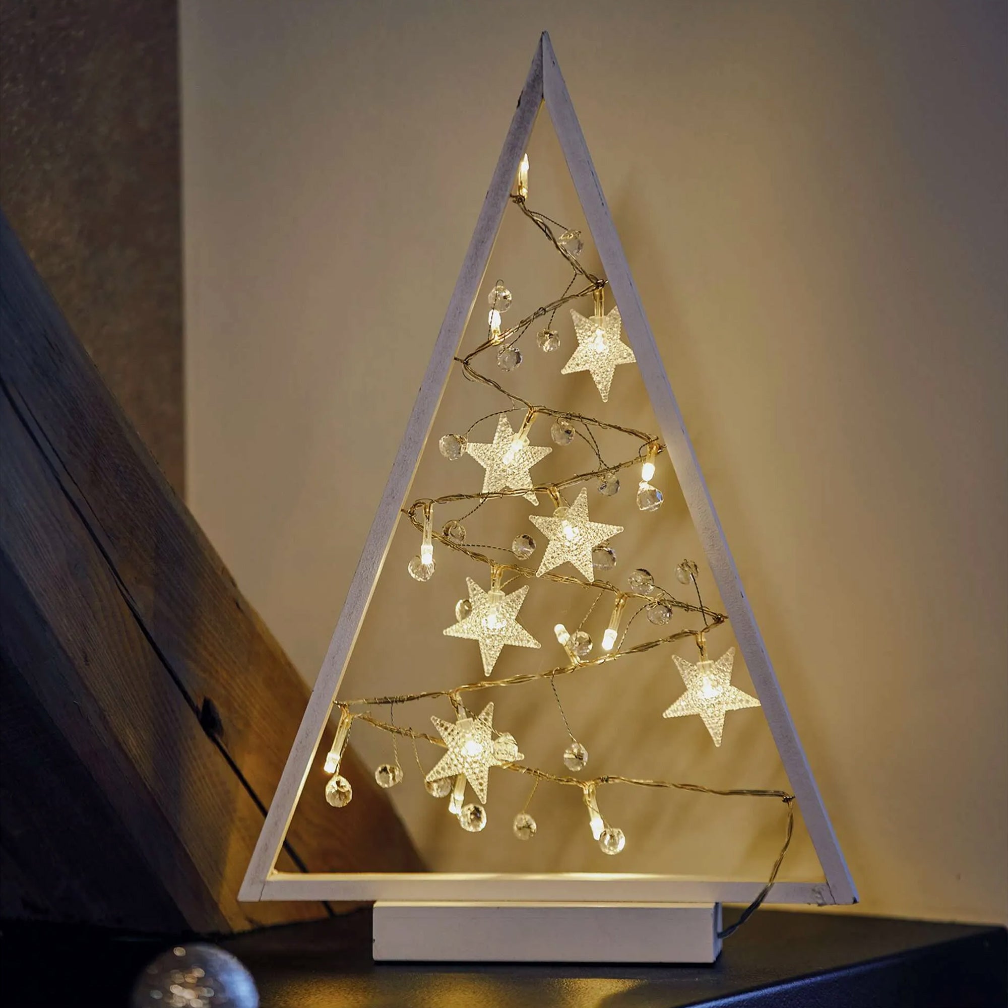 LED Christmas tree with decorations, indoor, warm white, timer, 2xAA