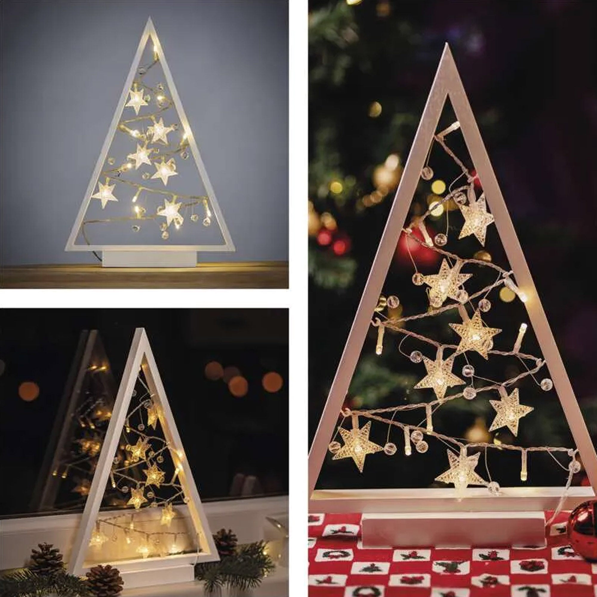 LED Christmas tree with decorations, indoor, warm white, timer, 2xAA